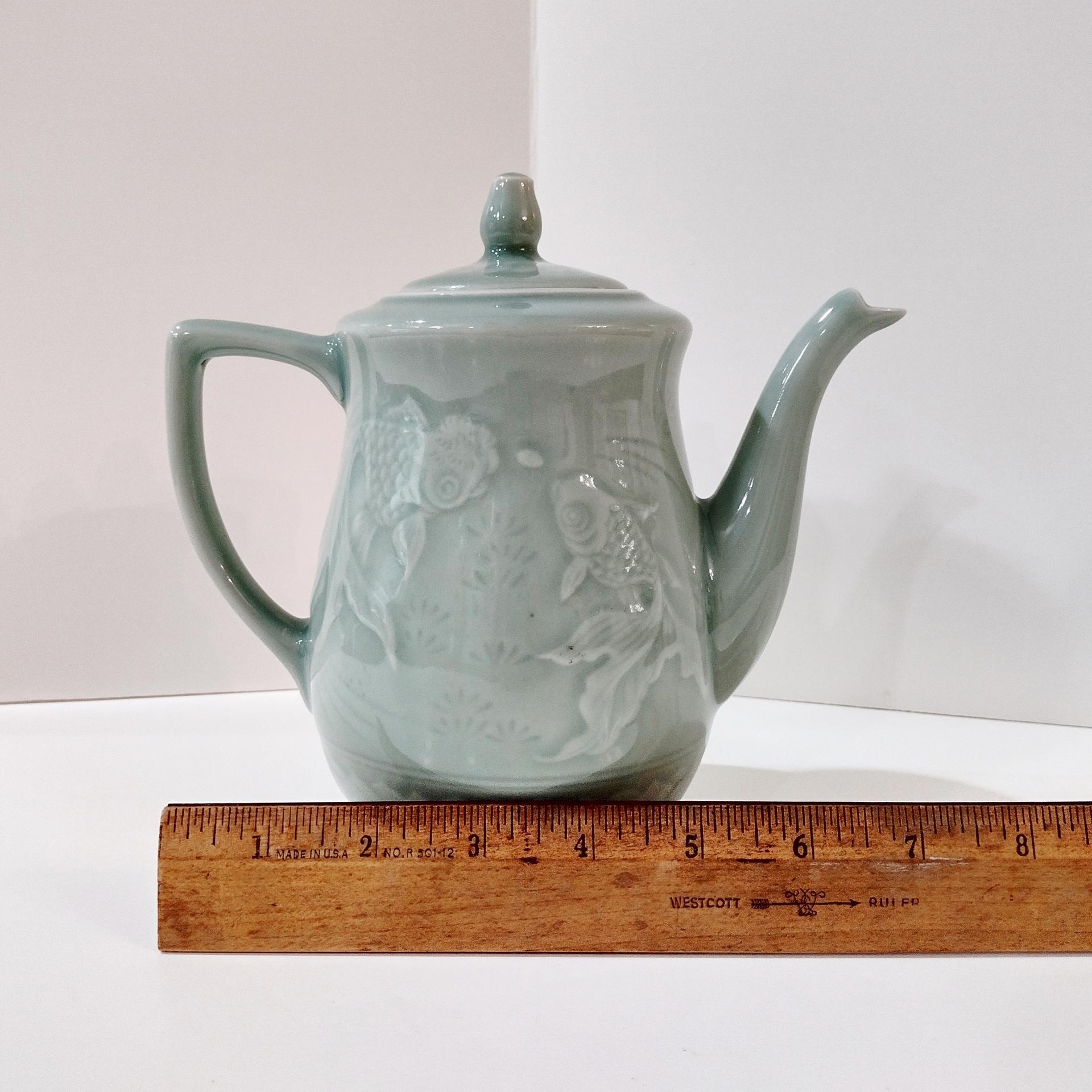 Vintage Longquan Celadon Goldfish Koi Green Teapot with Lid, Chinese Tea Pot