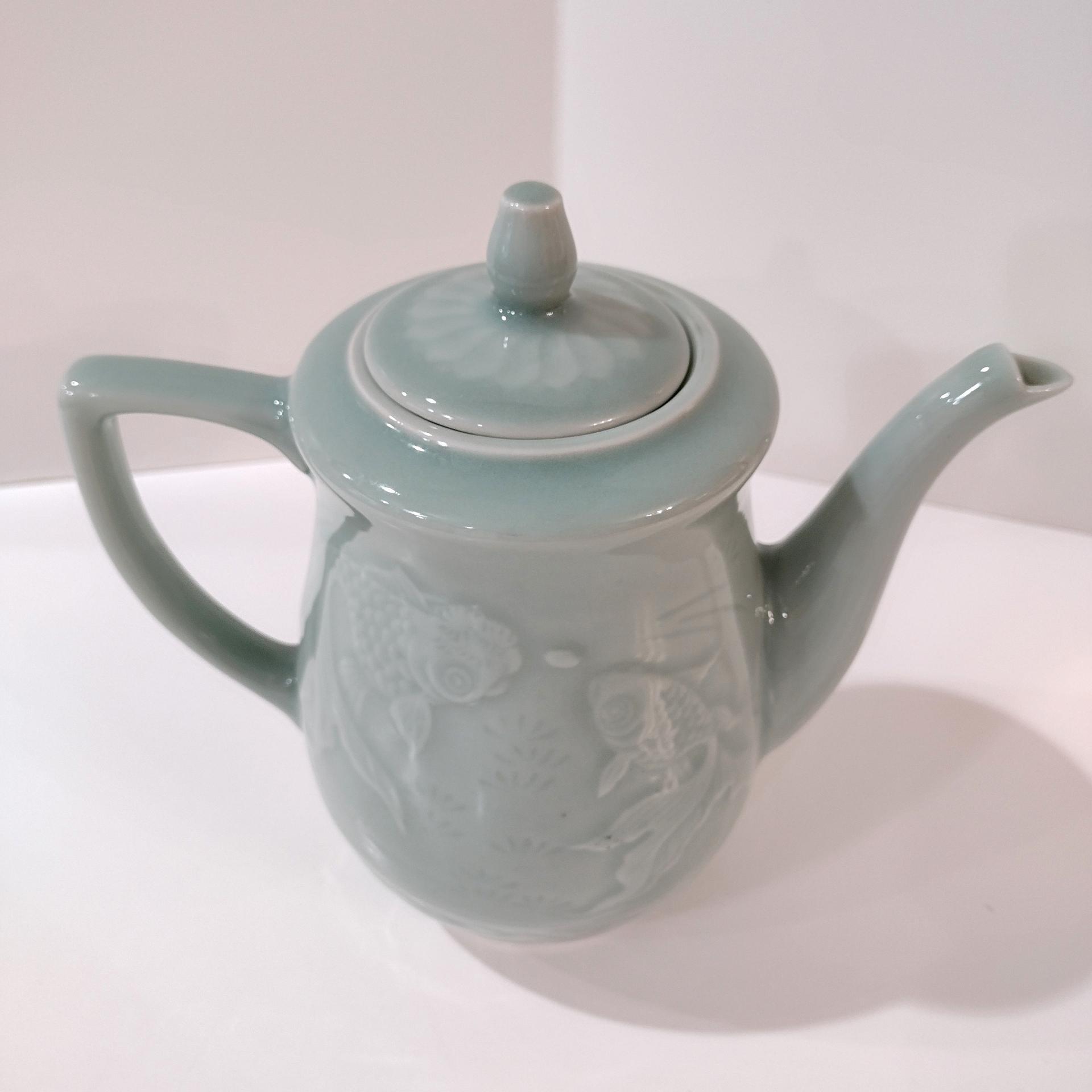 Vintage Longquan Celadon Goldfish Koi Green Teapot with Lid, Chinese Tea Pot