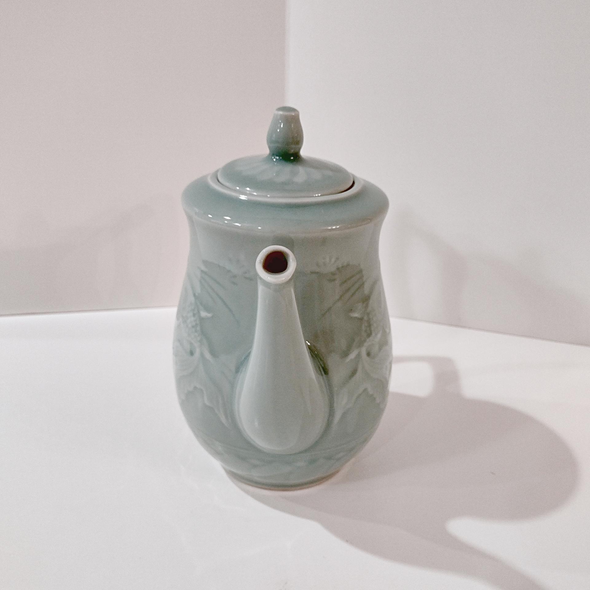 Vintage Longquan Celadon Goldfish Koi Green Teapot with Lid, Chinese Tea Pot