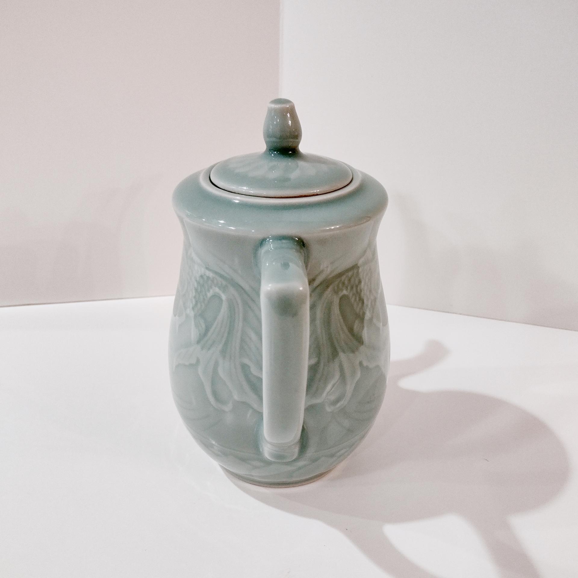 Vintage Longquan Celadon Goldfish Koi Green Teapot with Lid, Chinese Tea Pot