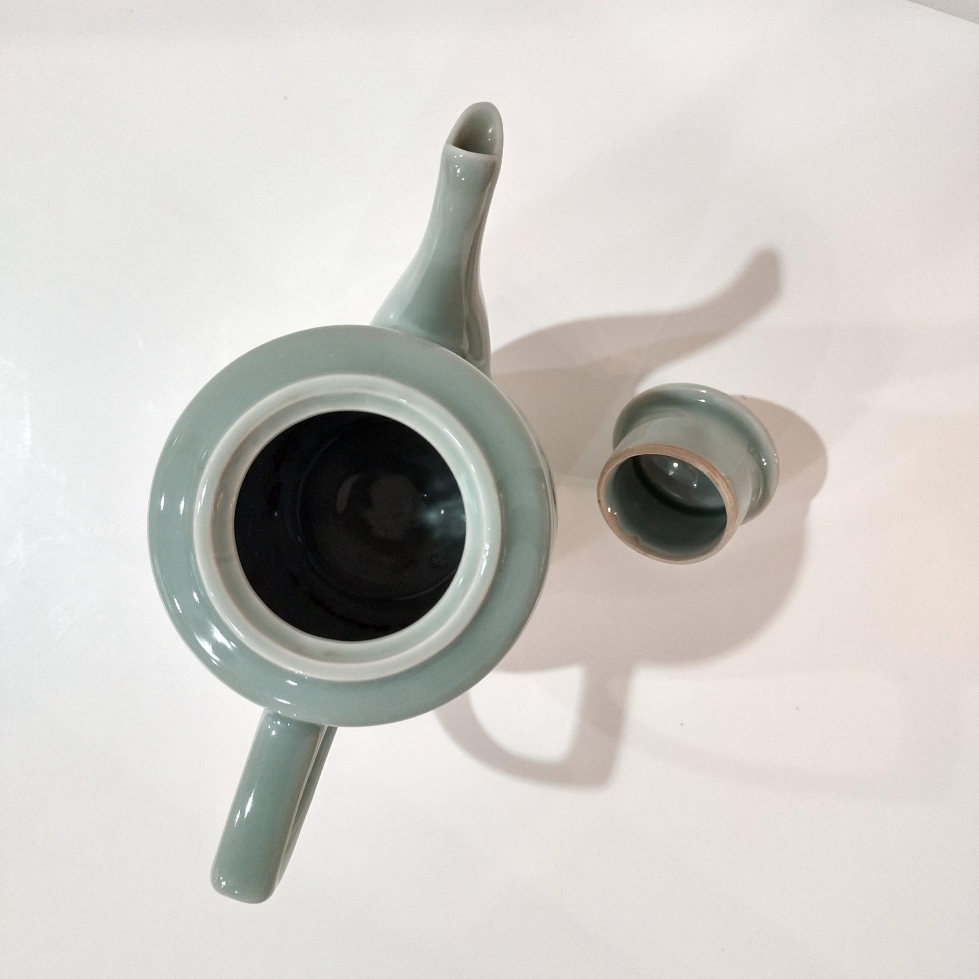 Vintage Longquan Celadon Goldfish Koi Green Teapot with Lid, Chinese Tea Pot