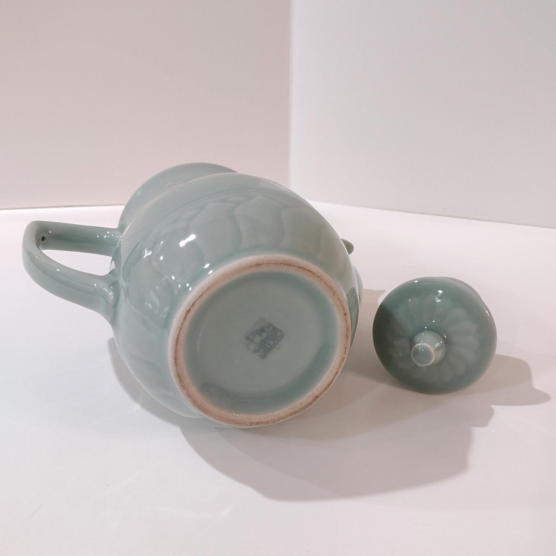 Vintage Longquan Celadon Goldfish Koi Green Teapot with Lid, Chinese Tea Pot