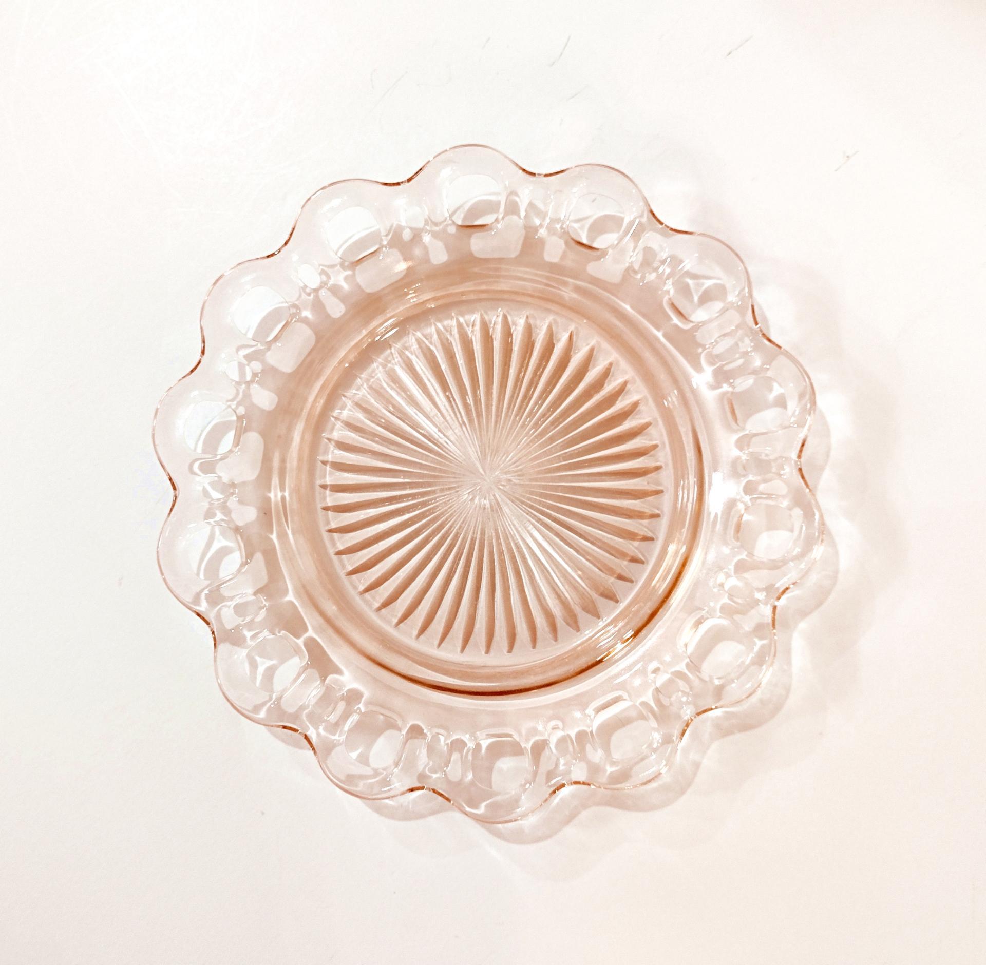 Vintage Anchor Hocking Old Colony Lace Edge Pink Glass Luncheon Plate, 1930's Pink Depression Glass Open Lace