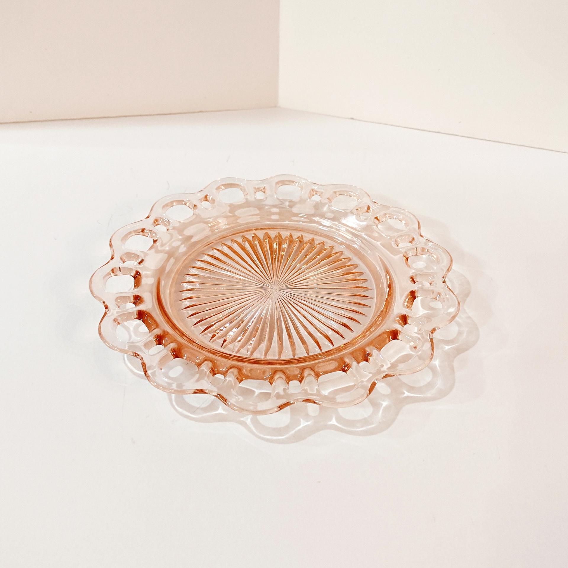 Vintage Anchor Hocking Old Colony Lace Edge Pink Glass Luncheon Plate, 1930's Pink Depression Glass Open Lace