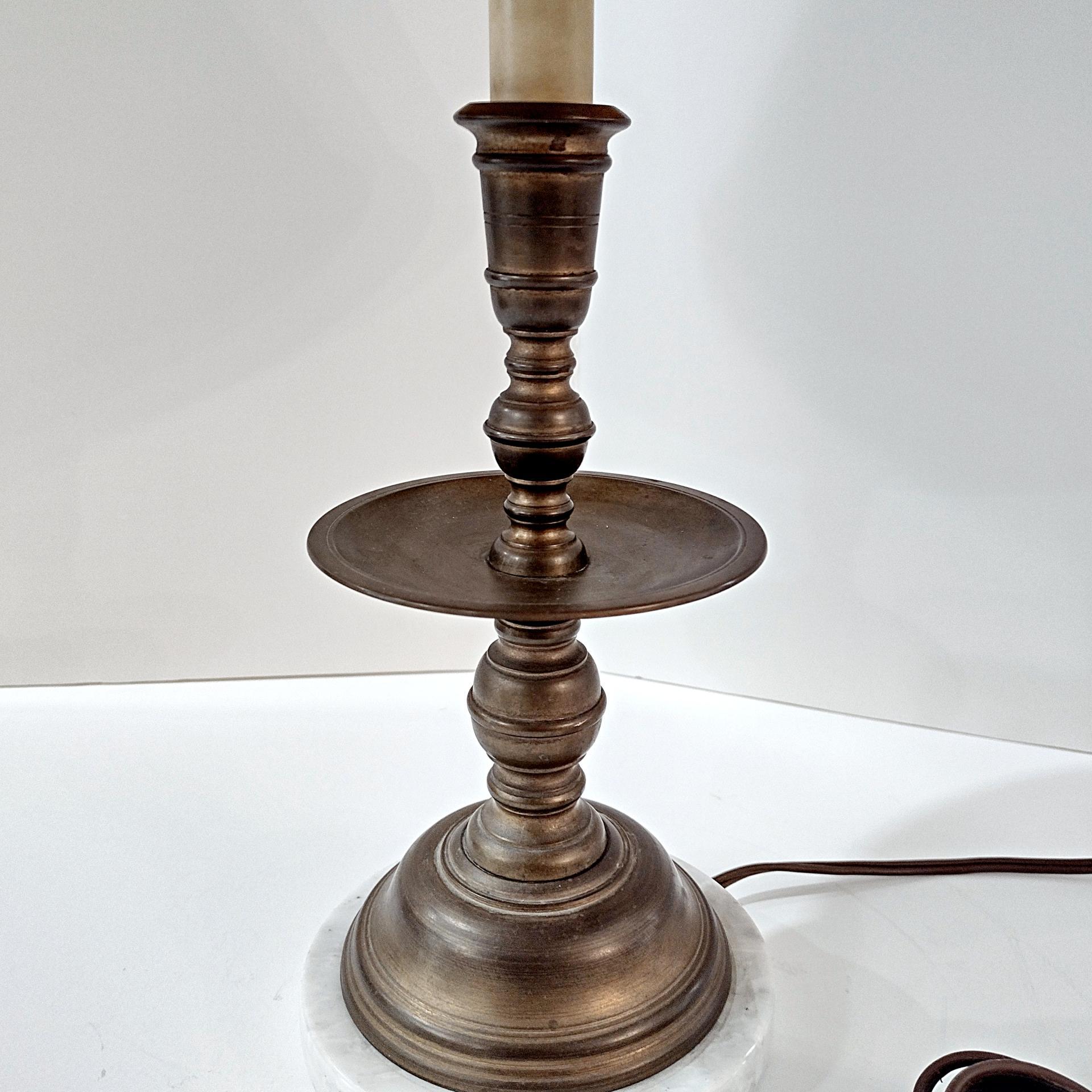 Vintage Brass Candlestick Table Desk Lamp with White Marble Base and Brown Mottled Shade, MCM Two Socket Bulb Lamp
