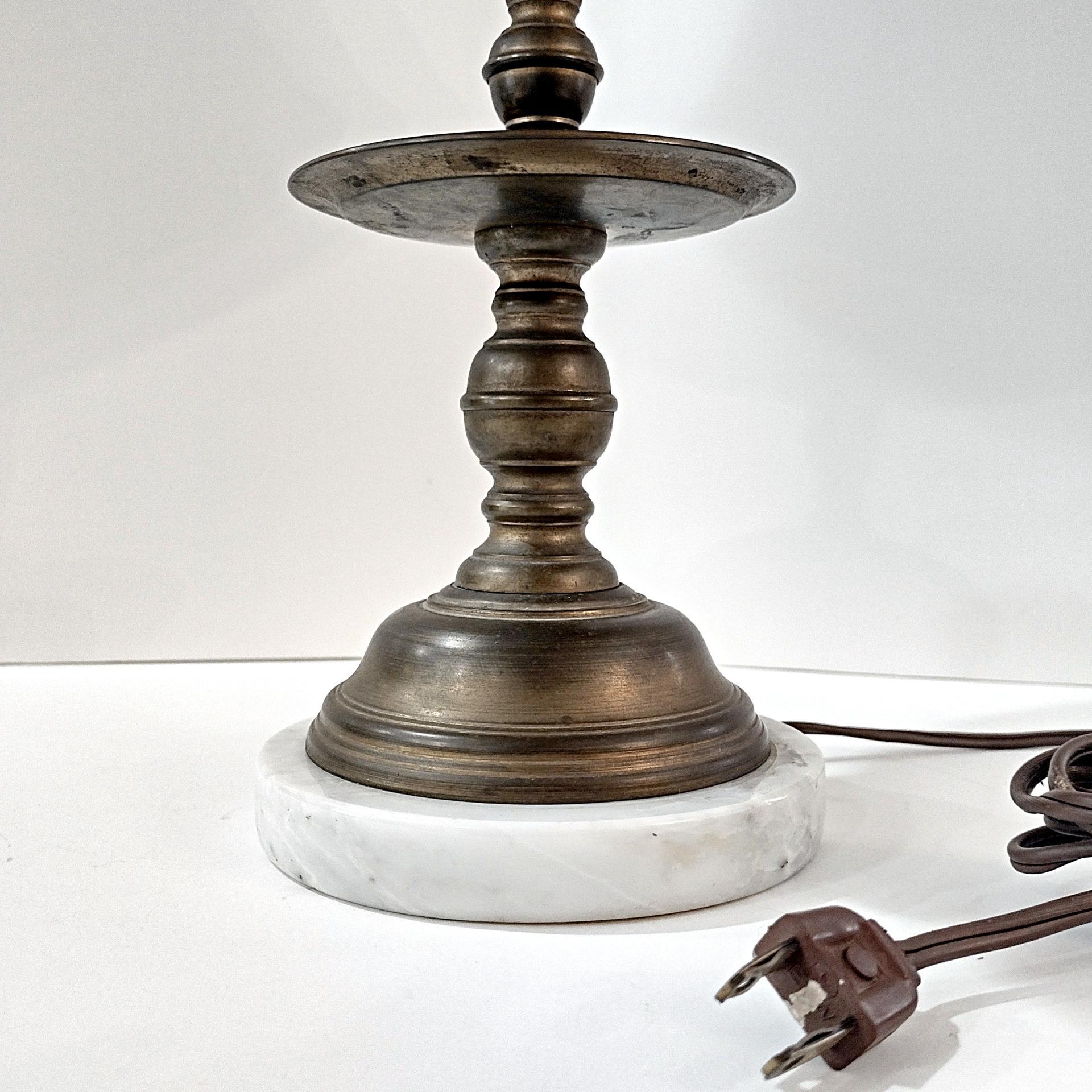 Vintage Brass Candlestick Table Desk Lamp with White Marble Base and Brown Mottled Shade, MCM Two Socket Bulb Lamp
