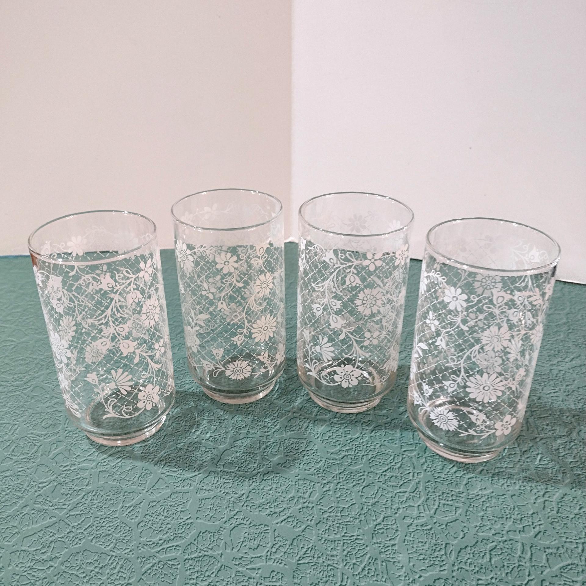 Vintage Libbey White Floral Lattice 12 Ounce Drinking Glasses Tumblers, Set of Four