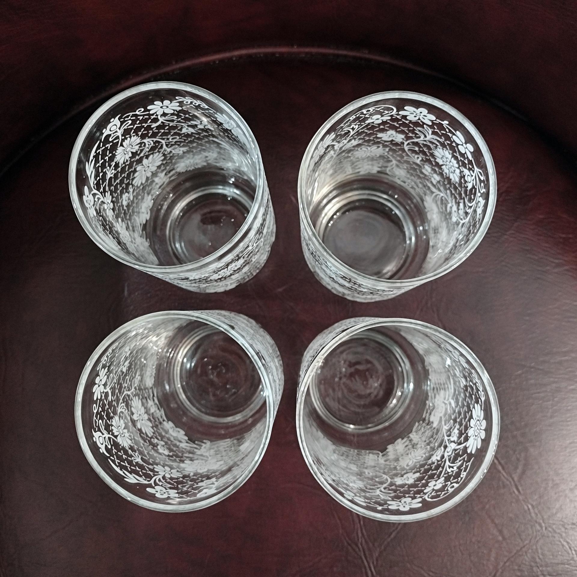 Vintage Libbey White Floral Lattice 12 Ounce Drinking Glasses Tumblers, Set of Four