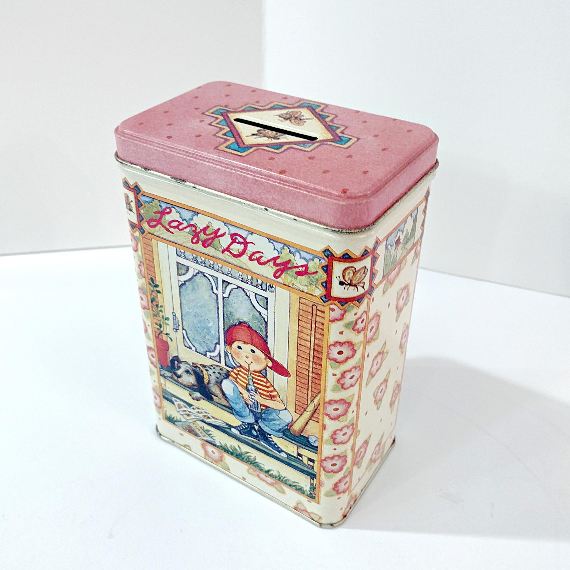Vintage Lazy Days Metal Coin Bank, Retro Tin Children's Bank and Storage Container