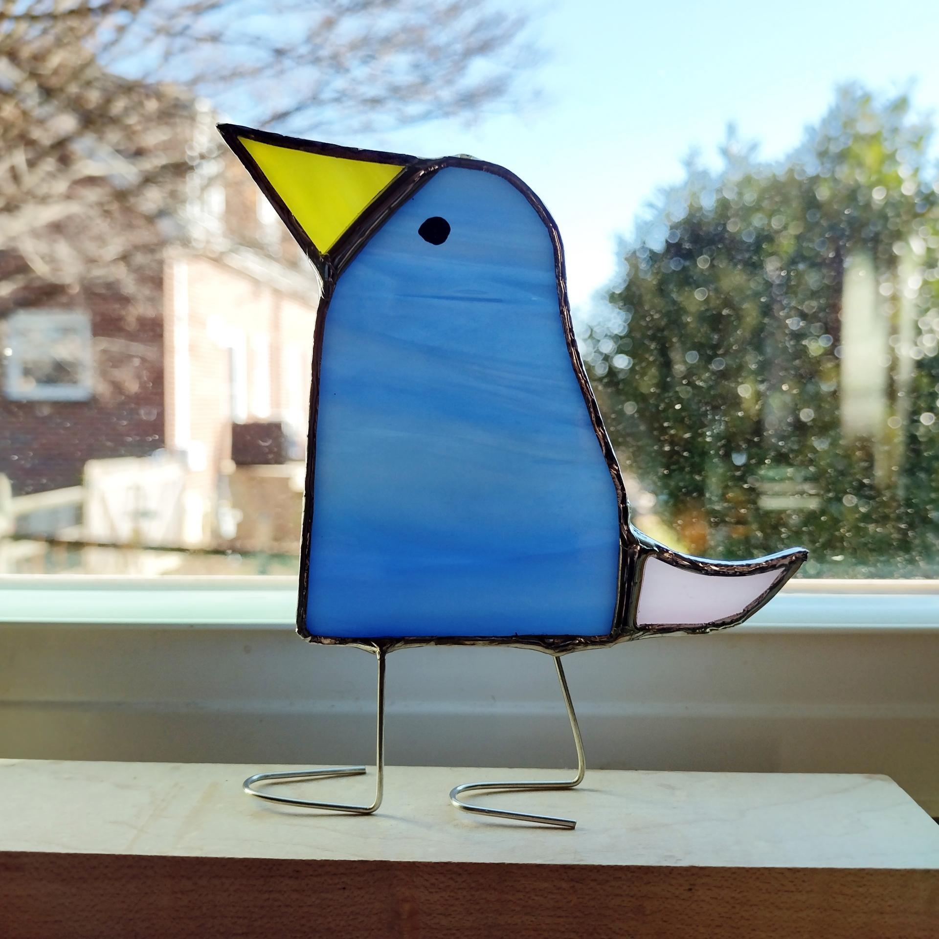 Stained Glass Standing Bird, Funky Glass Bird, Blue and Pink Bird Suncatcher, Windowsill Free Standing Bird