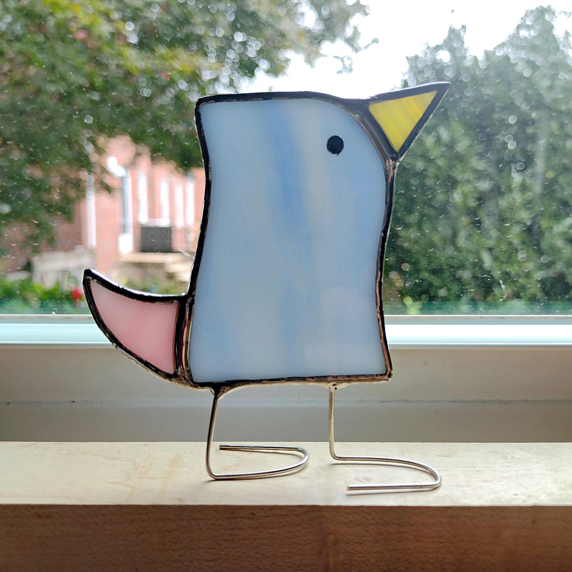 Stained Glass Standing Bird, Funky Blue and Pink Glass Bird Suncatcher, Bird Lover Gift, Windowsill Sitter