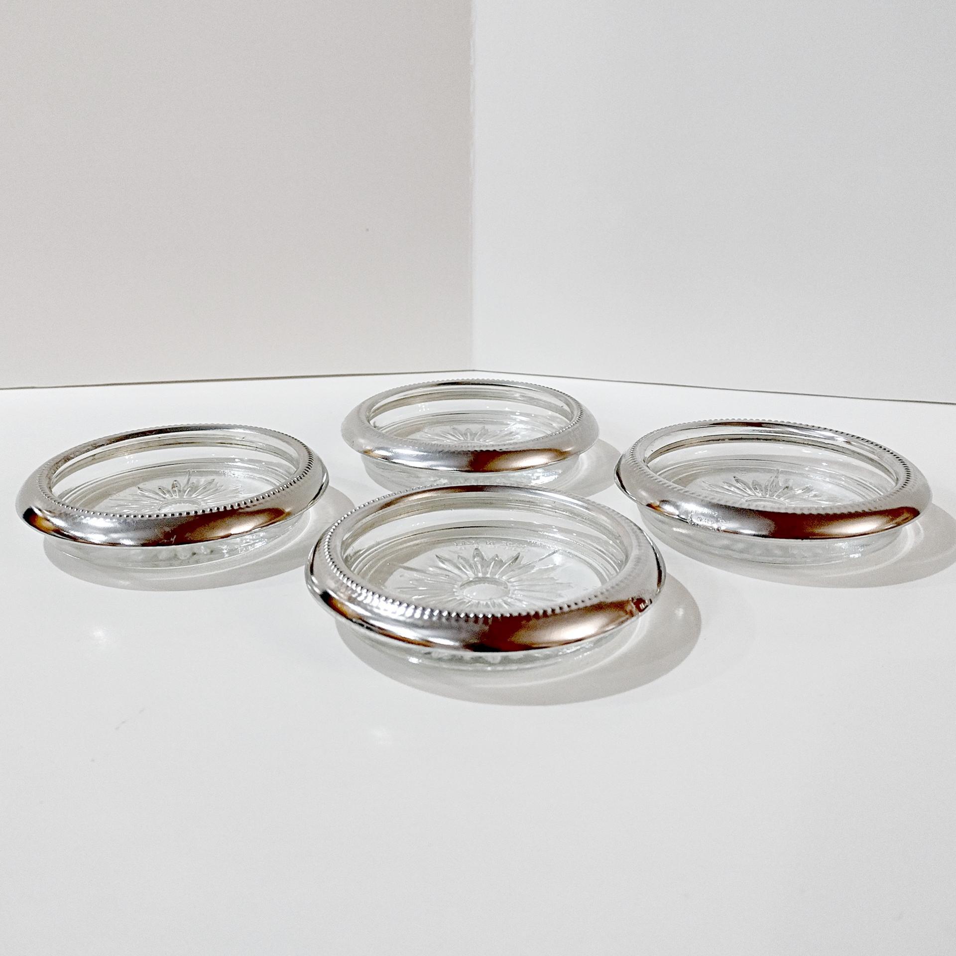 Vintage Leonard Silver Plated and Glass Coasters, Set of Four