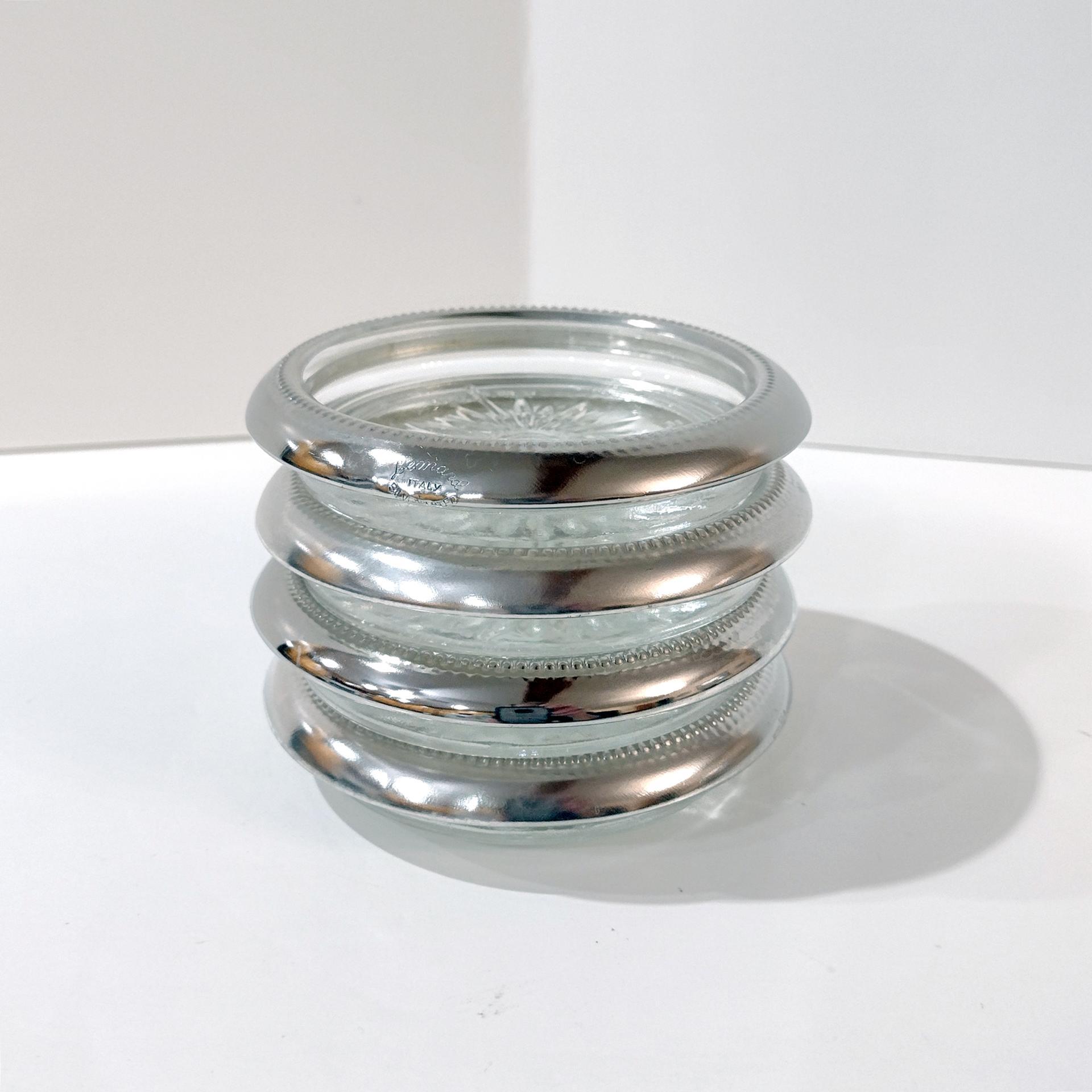 Vintage Leonard Silver Plated and Glass Coasters, Set of Four