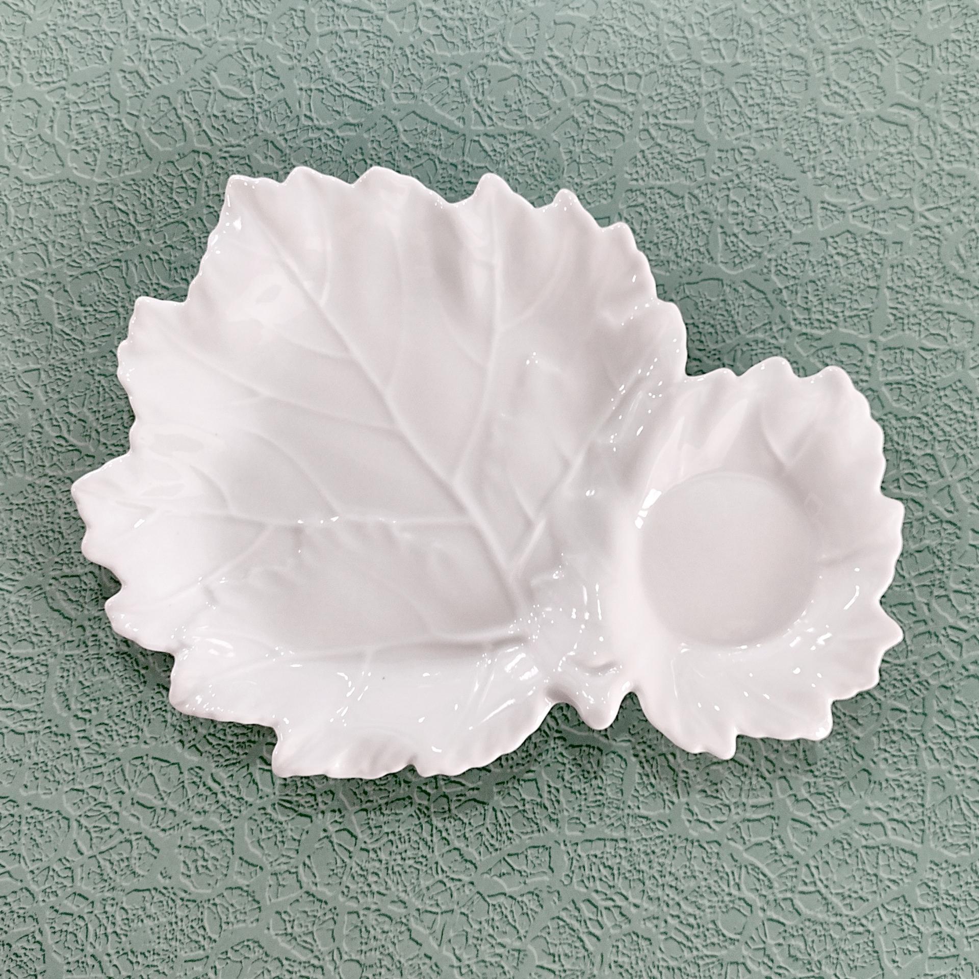 Set of 3 Vintage White Ceramic Leaf Shaped Snack Trays with Drink Holders, Leaf Appetizer Plates