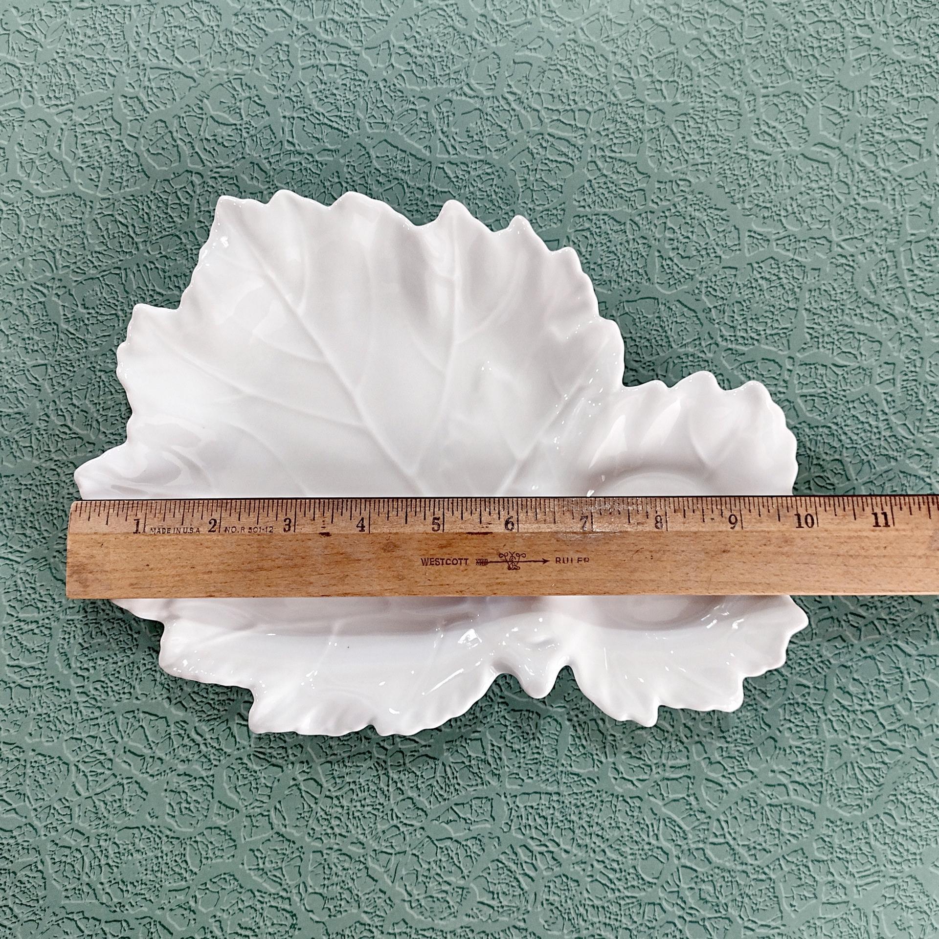 Set of 3 Vintage White Ceramic Leaf Shaped Snack Trays with Drink Holders, Leaf Appetizer Plates