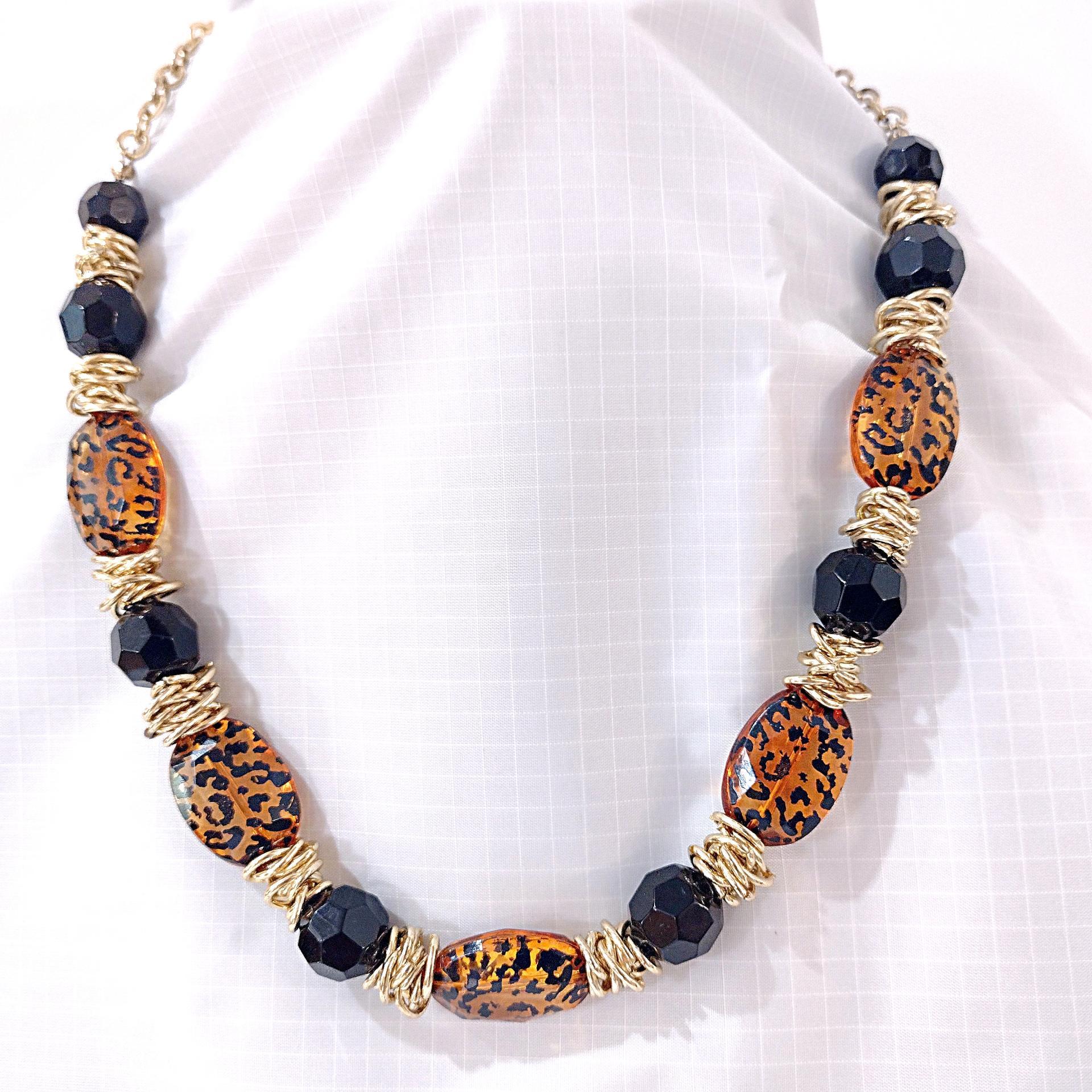 Vintage Leopard Print and Black Beaded Necklace and Earring Set, Gold Tone Animal Print Jewelry