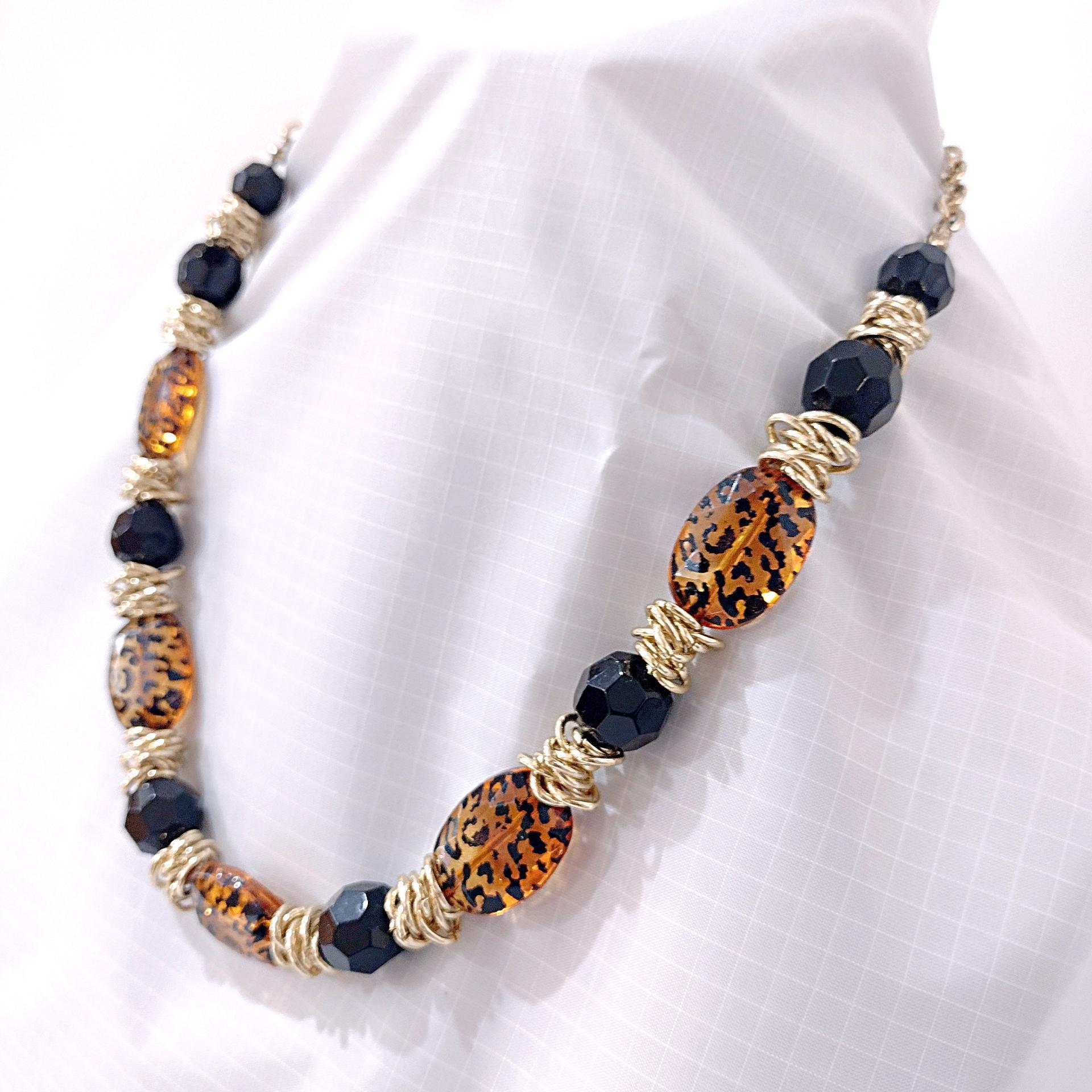 Vintage Leopard Print and Black Beaded Necklace and Earring Set, Gold Tone Animal Print Jewelry