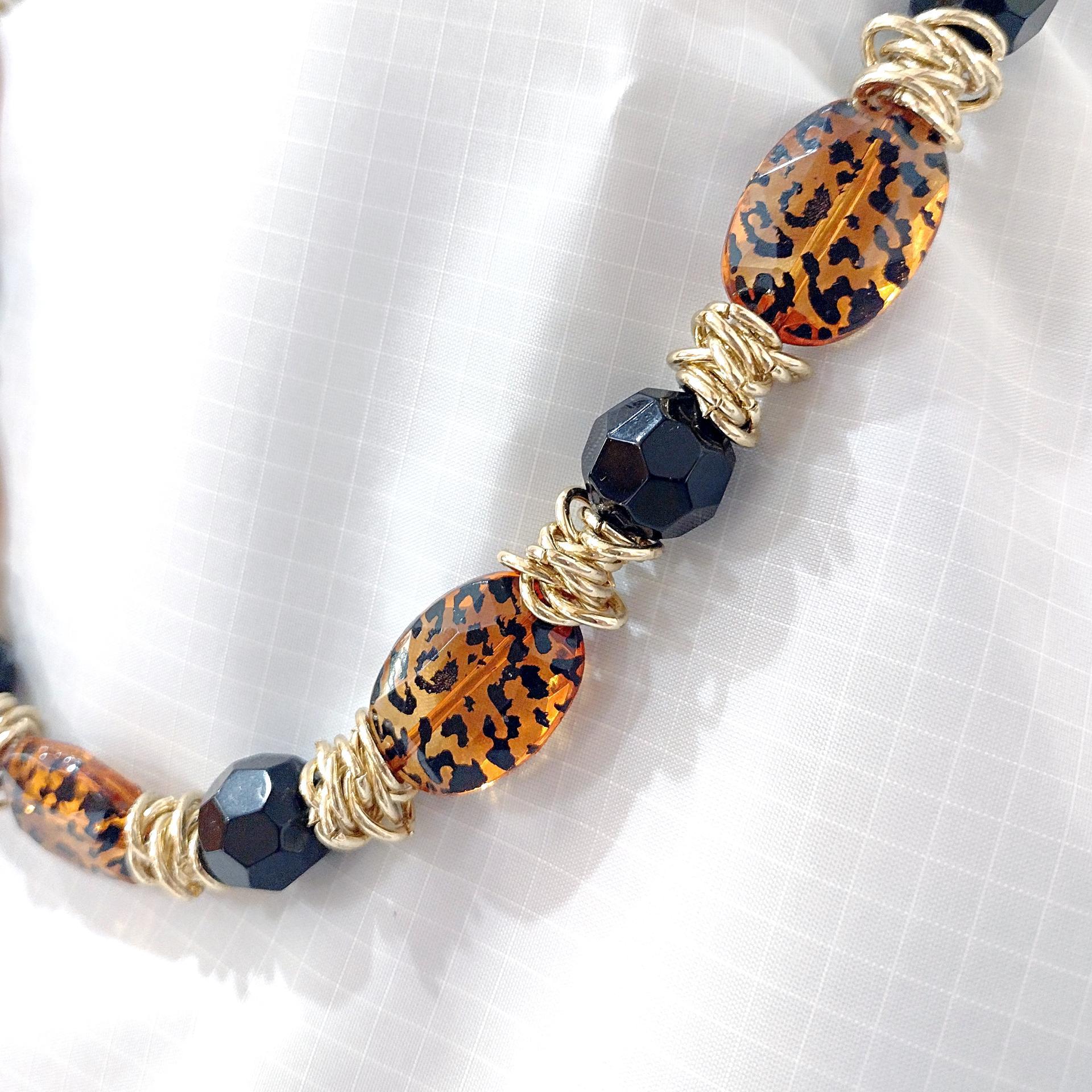 Vintage Leopard Print and Black Beaded Necklace and Earring Set, Gold Tone Animal Print Jewelry