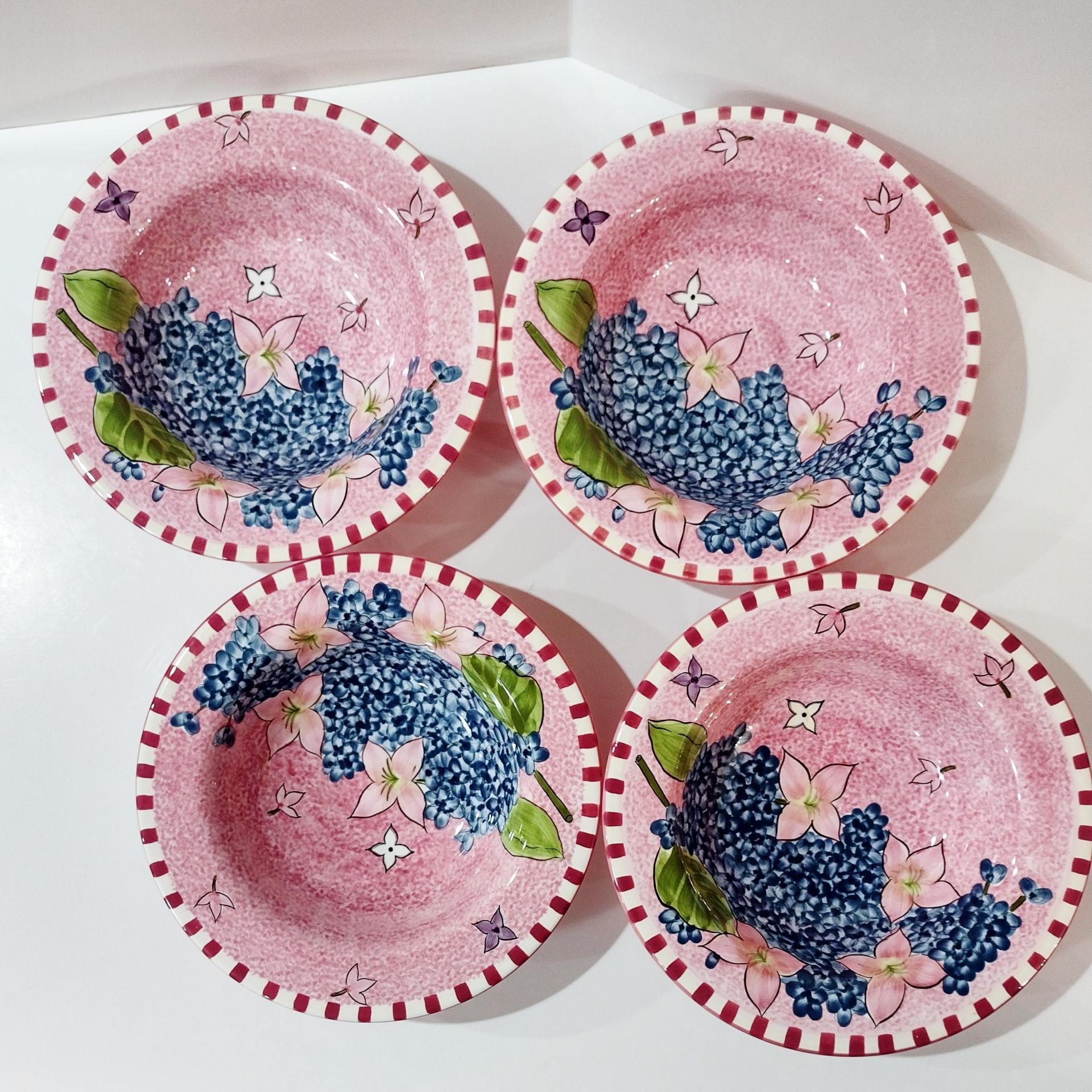 Vintage Laurie Gates Hydrangea Ceramic Pink Spongeware Salad Soup Cereal Bowls, Set of 4