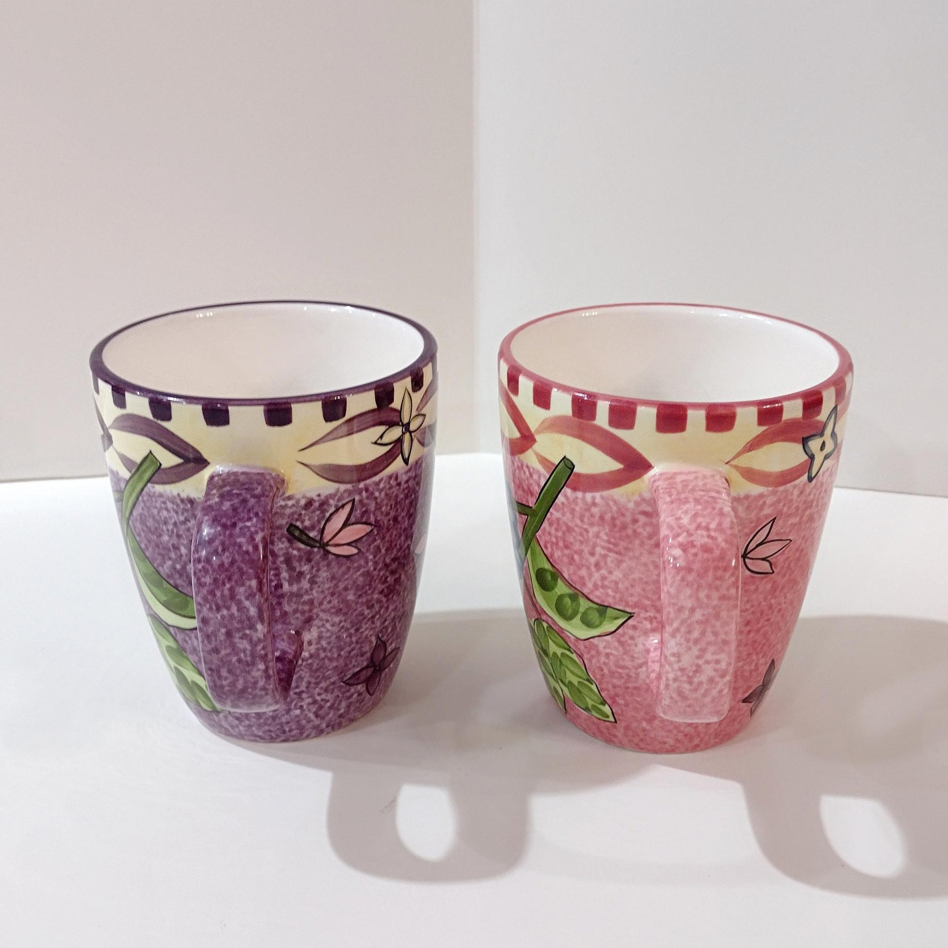 Vintage Laurie Gates Hydrangea Ceramic Pink and Purple Spongeware Coffee Tea Mugs, Set of Two
