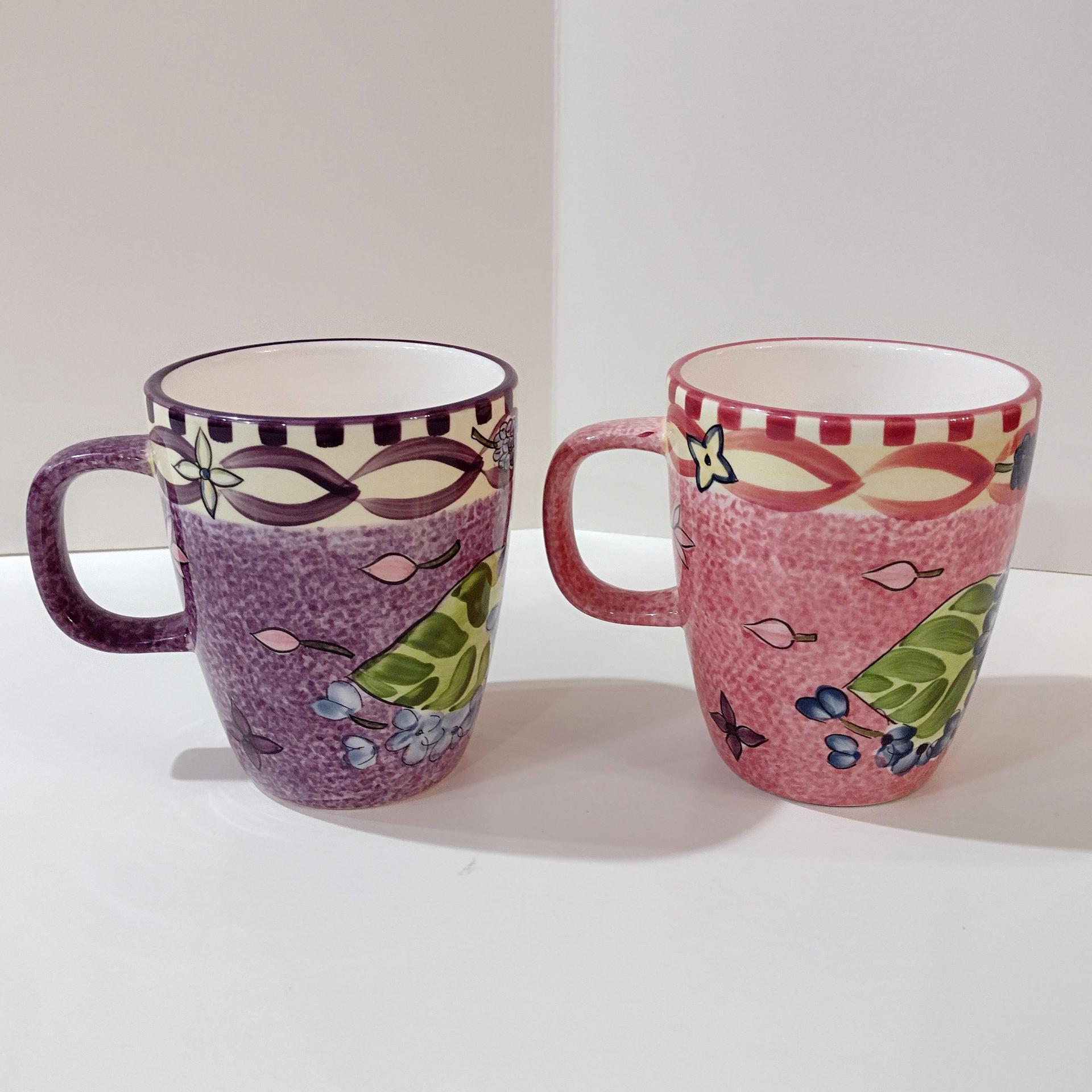 Vintage Laurie Gates Hydrangea Ceramic Pink and Purple Spongeware Coffee Tea Mugs, Set of Two