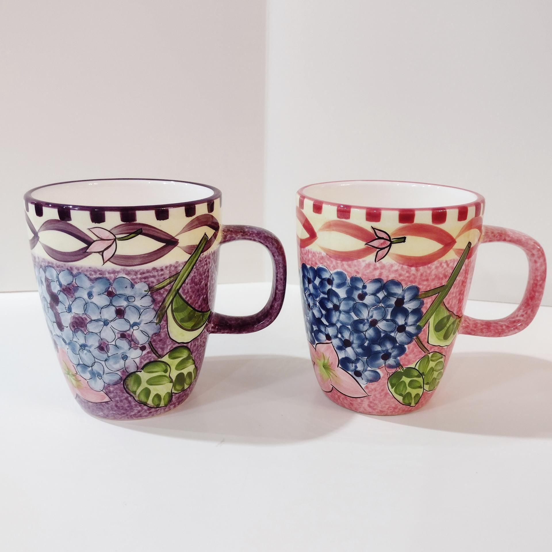 Vintage Laurie Gates Hydrangea Ceramic Pink and Purple Spongeware Coffee Tea Mugs, Set of Two