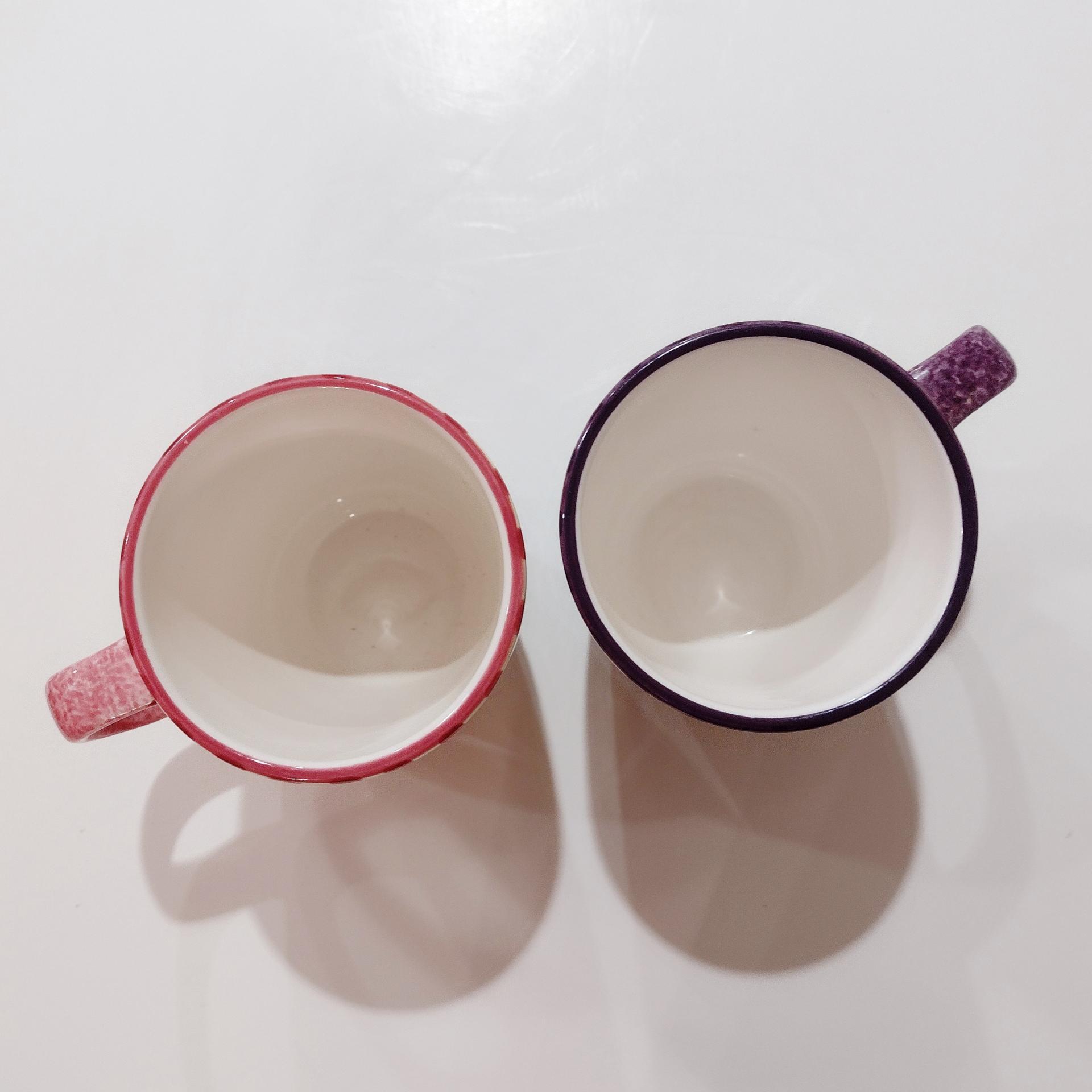 Vintage Laurie Gates Hydrangea Ceramic Pink and Purple Spongeware Coffee Tea Mugs, Set of Two