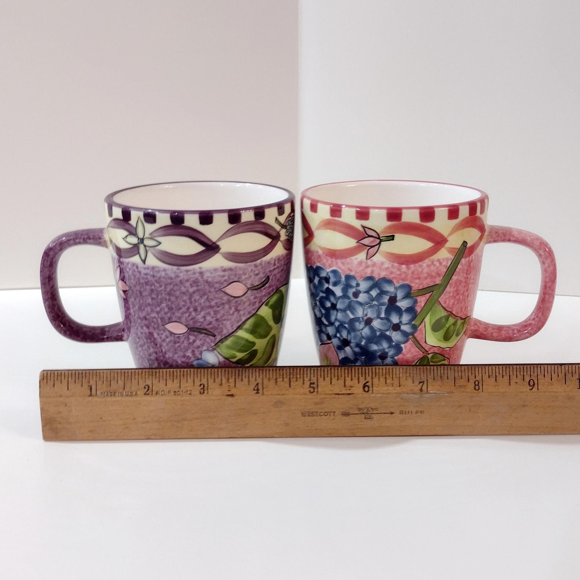 Vintage Laurie Gates Hydrangea Ceramic Pink and Purple Spongeware Coffee Tea Mugs, Set of Two