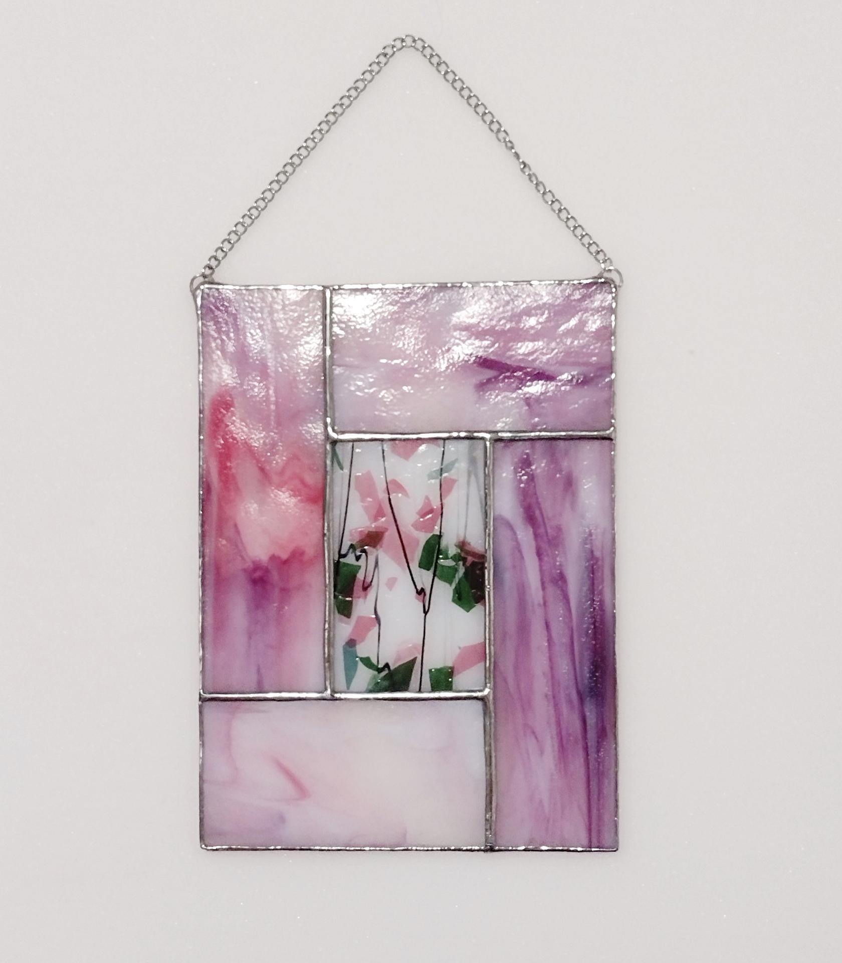 Stained Glass Window Panel Suncatcher, Pink and White Opalescent Glass with Confetti Glass Center