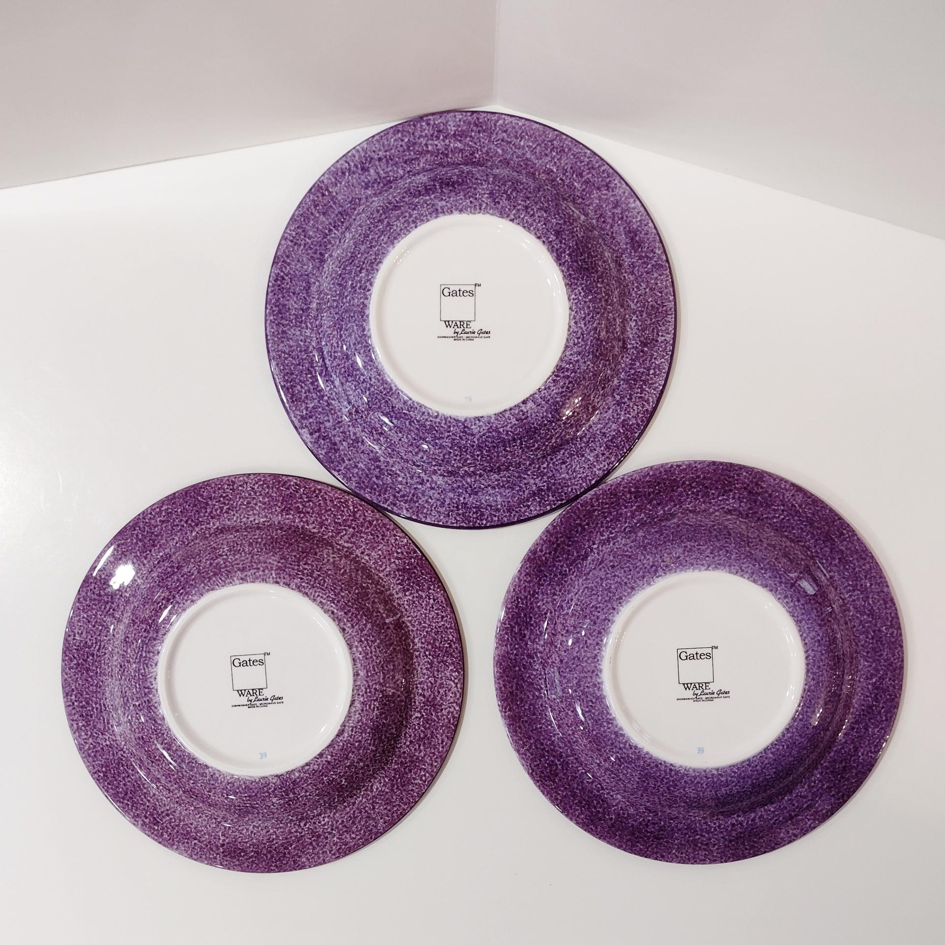Vintage Laurie Gates Hydrangea Ceramic Purple Spongeware Salad Dessert Plates, Set of 3