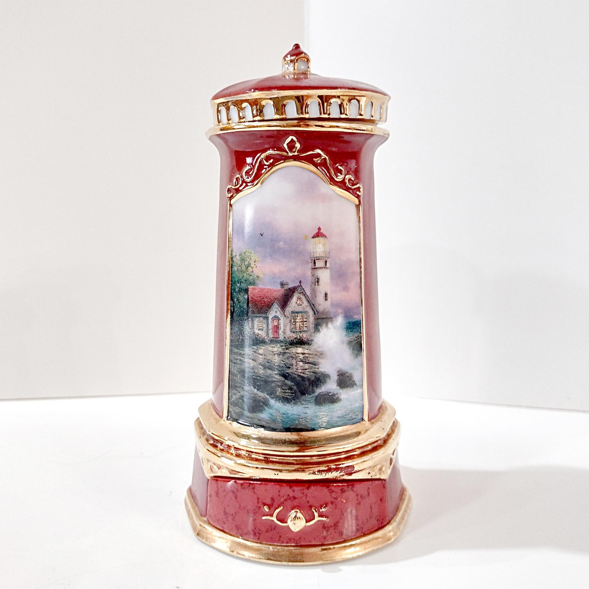 Vintage Thomas Kinkade Porcelain Lighthouse Music Box with Trinket Drawer, Seaside Reflections Beacon of Hope, Somewhere Out There Song