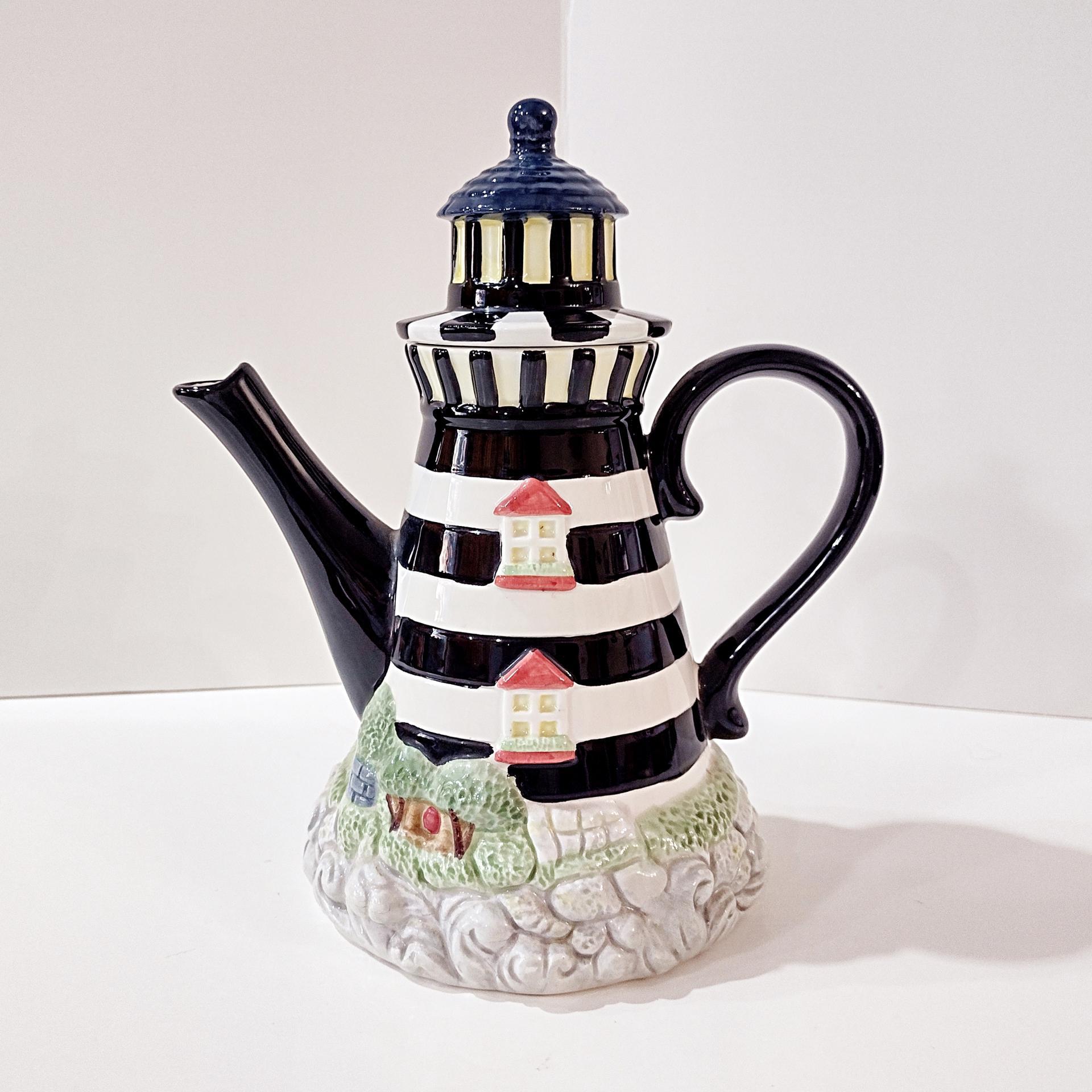 Vintage Lighthouse Ceramic Teapot, Cracker Barrel 1995 Black and White Striped Lighthouse Tea Pot