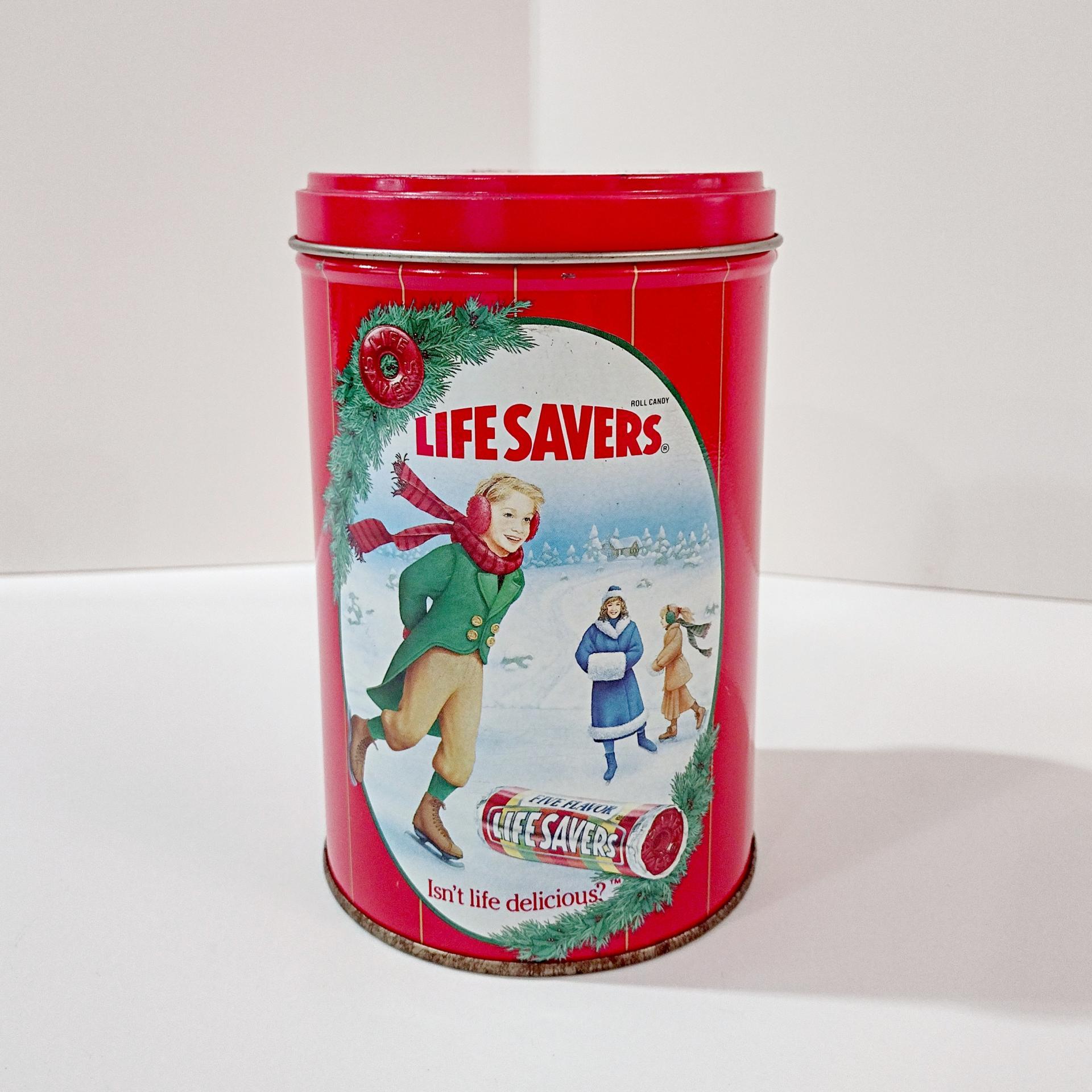 Vintage 1991 Limited Edition Lifesavers Candy Cylinder Tin, Holiday Keepsake Storage Metal Tin Box