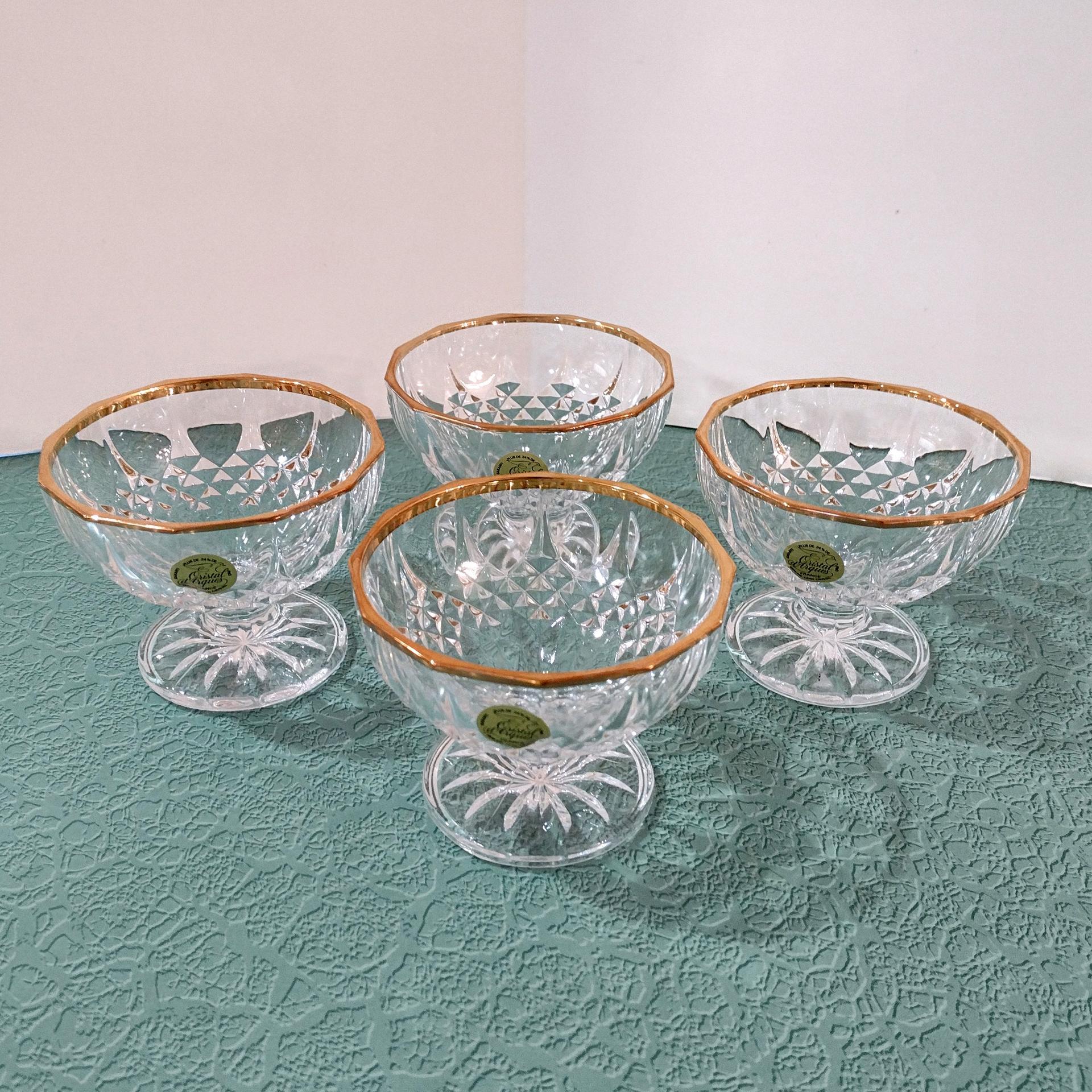 Vintage Cristal D'Arques Longchamp Gold Lead Crystal Footed Dessert Coupes, Set of 4