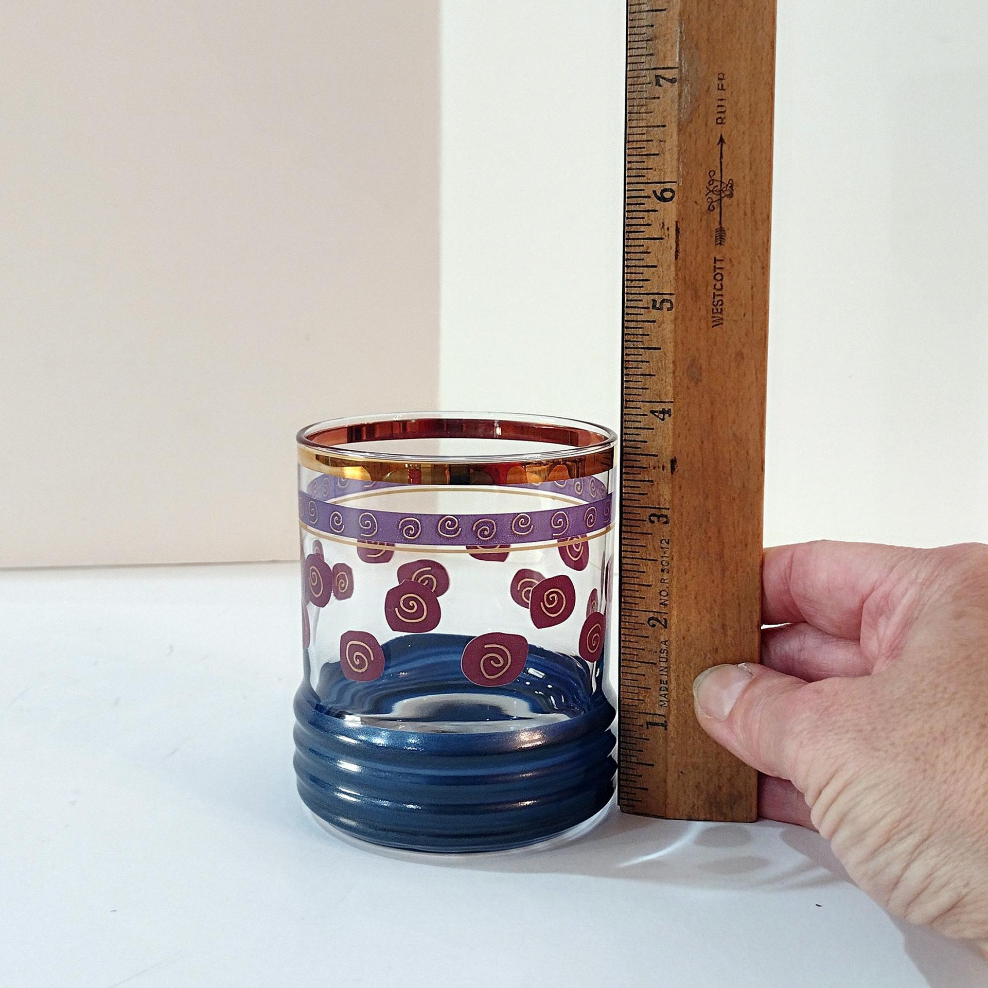 Vintage Blue and Red Gold Rimmed Lowball Glasses, Set of Two