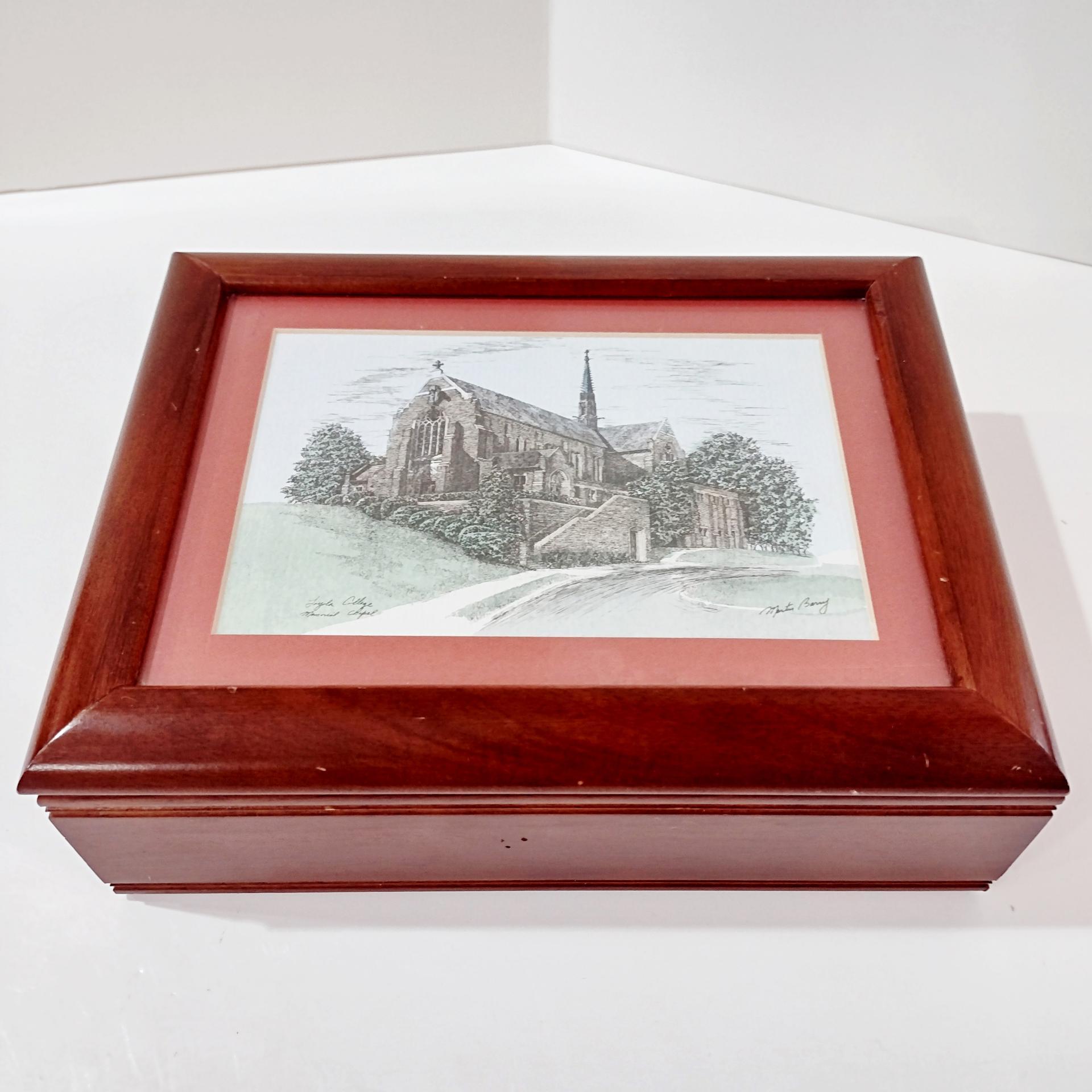 Vintage Loyola College Memorial Chapel Wooden Jewelry Keepsake Box, Martin Barry Ink and Watercolor Art Print