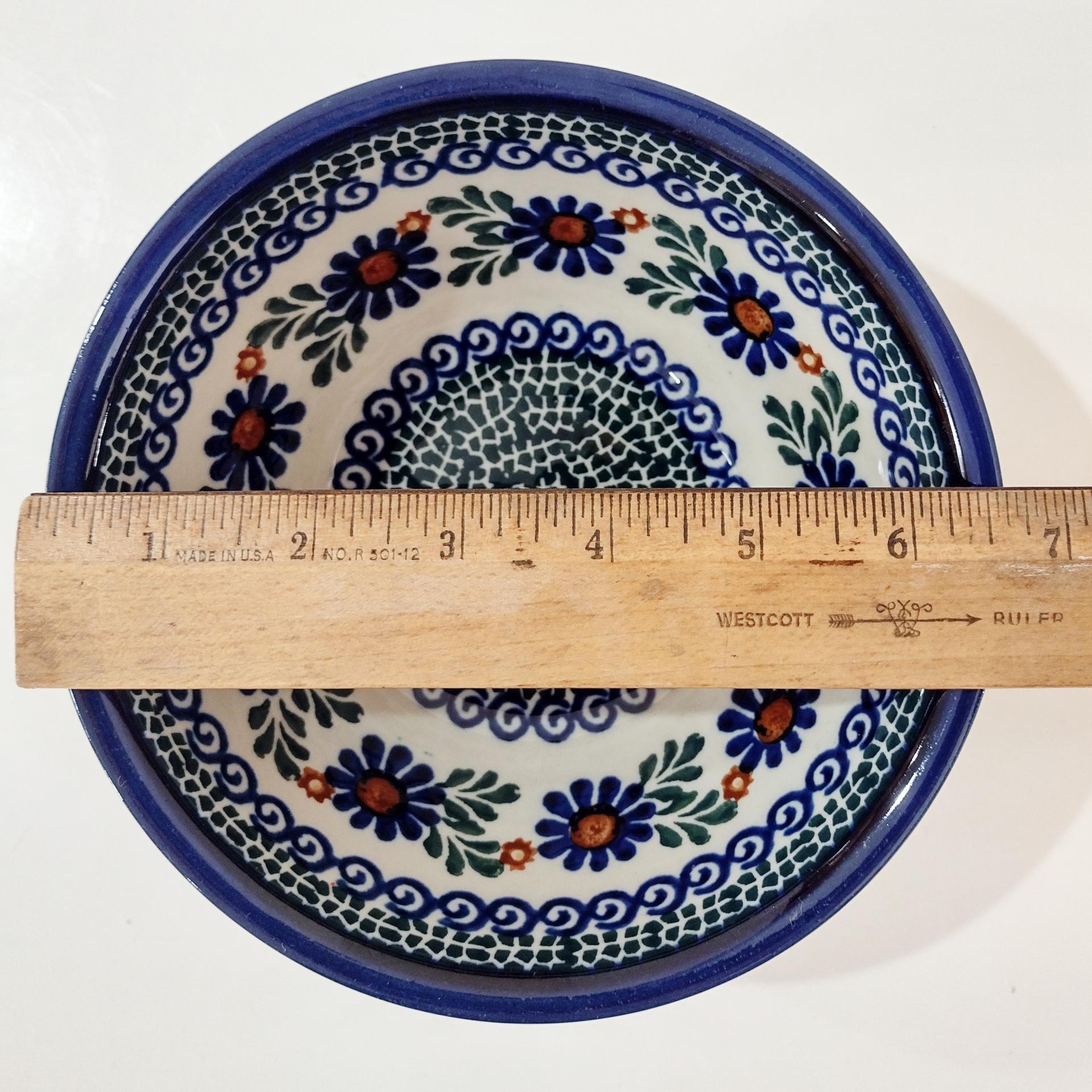 Vintage Polish Pottery Floral Geometric Hand Painted Bowl, Ceramic Soup Candy Nut Serving Bowl