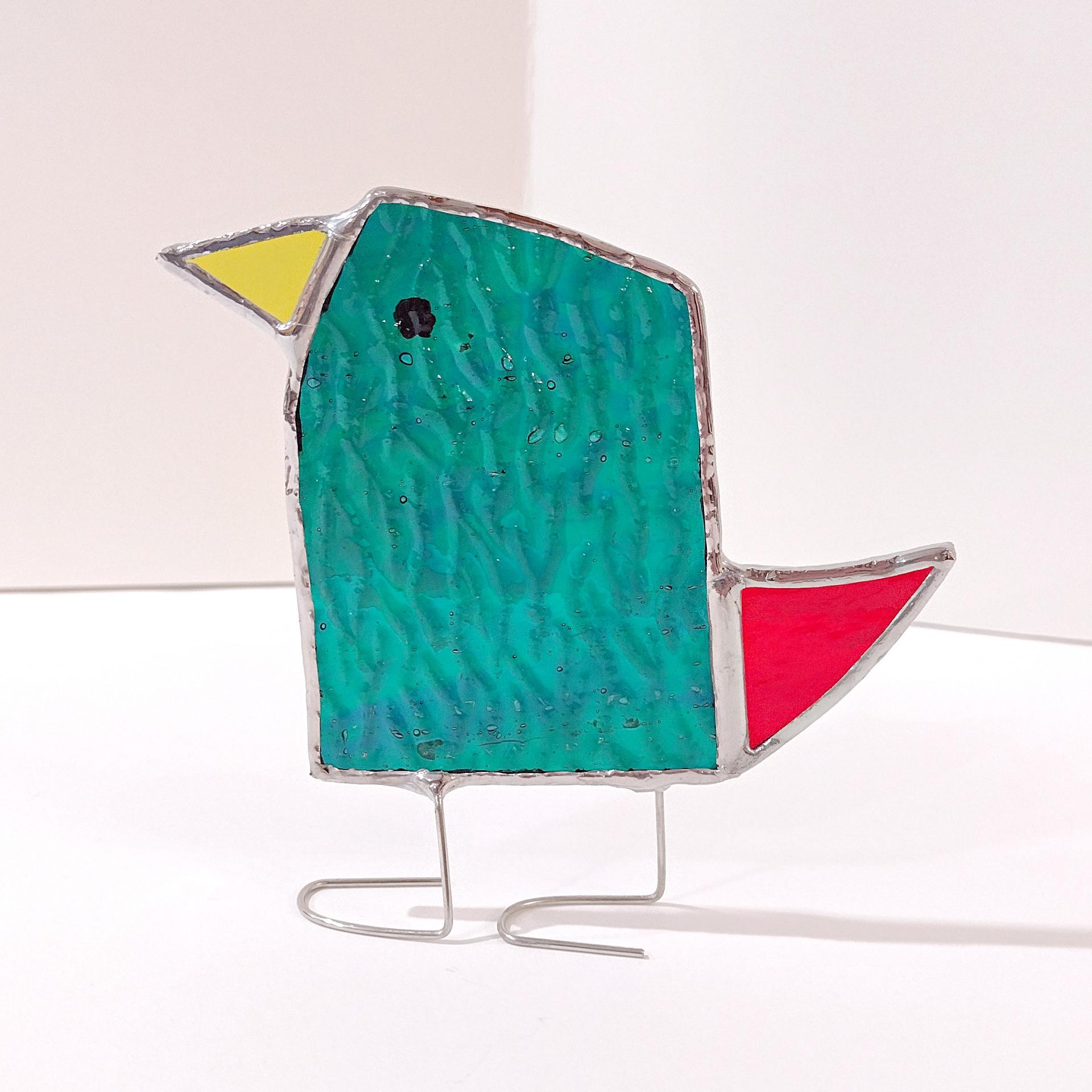 Stained Glass Standing Bird, Funky Green and Blue Glass Bird Suncatcher, Bird Lover Gift, Windowsill Sitter