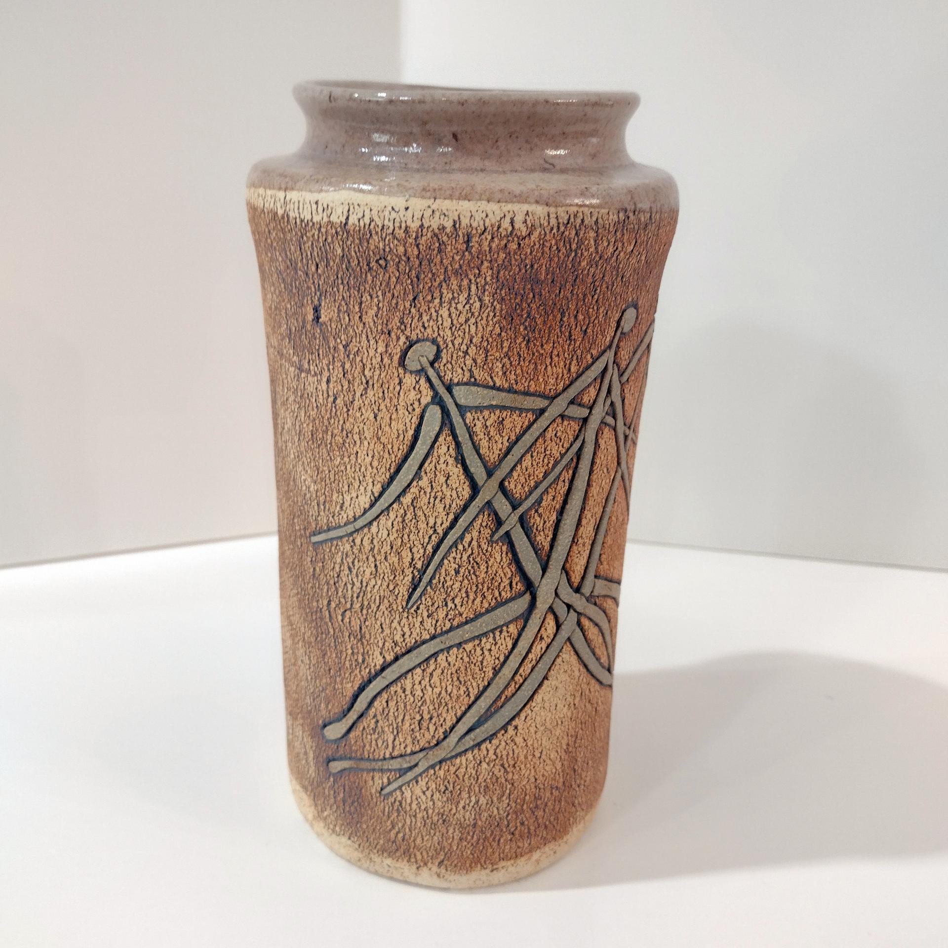 Mitch Lyons Signed Three Figures Ceramic Vase, MCM Rustic Primitive Pottery