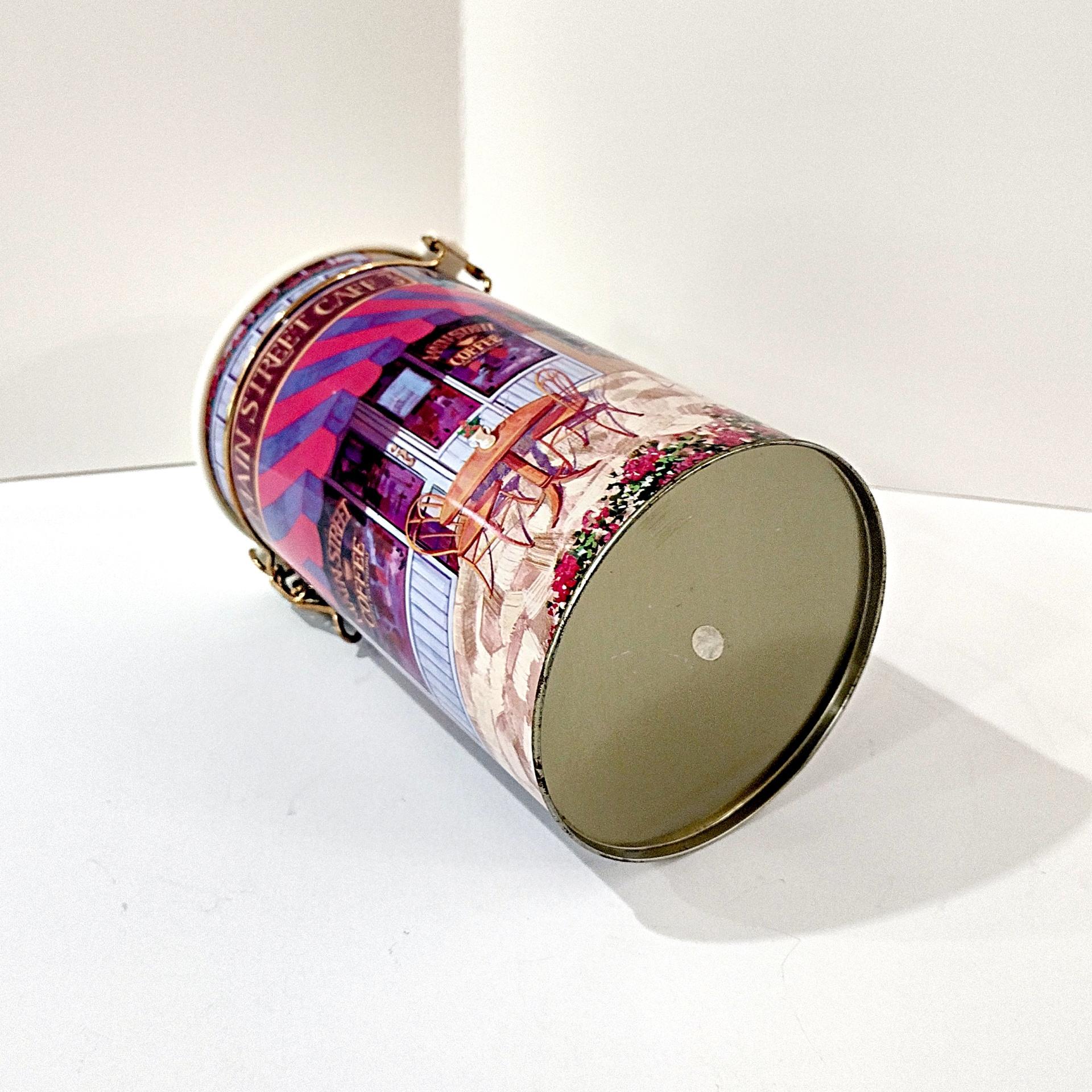 Vintage Main Street Coffee Shop Cylinder Storage Tin with Airtight Clamp Lid, Retro Shop Front Decorative Metal Container