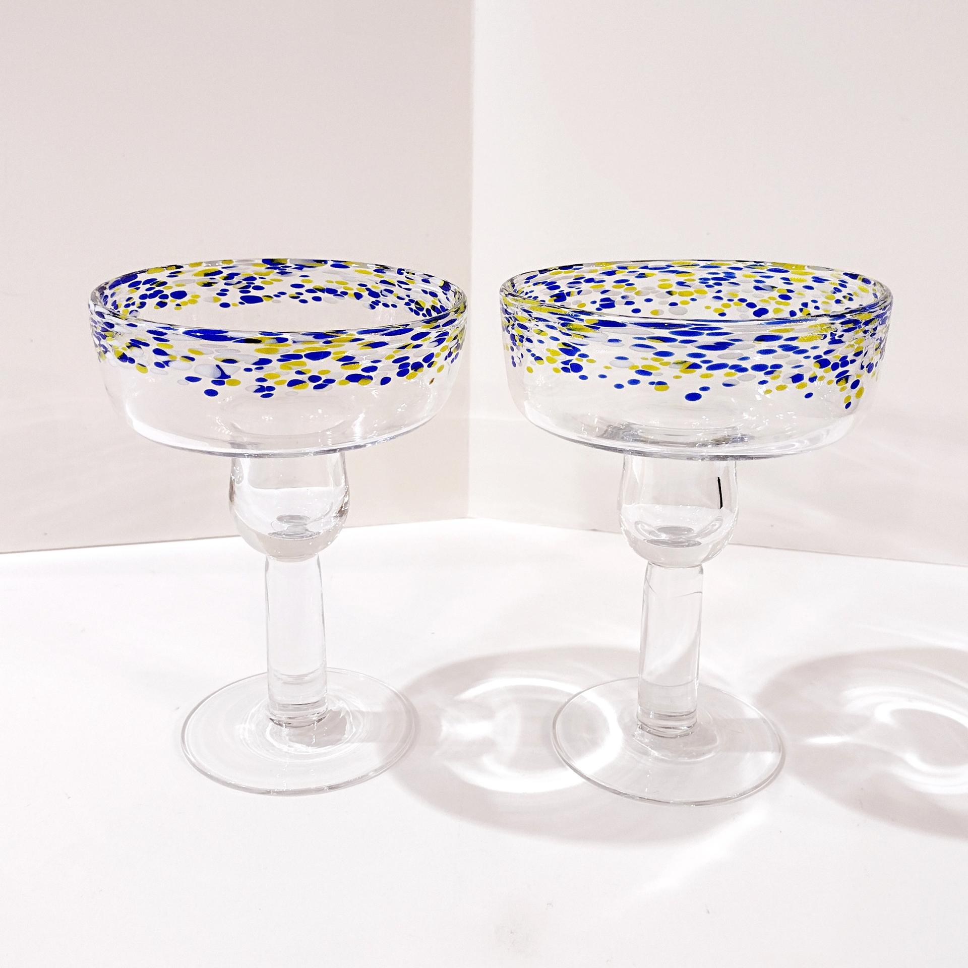 Vintage Hand Blown Confetti Margarita Glasses, Set of Two, Blue and Yellow Fiesta Cocktail Glasses