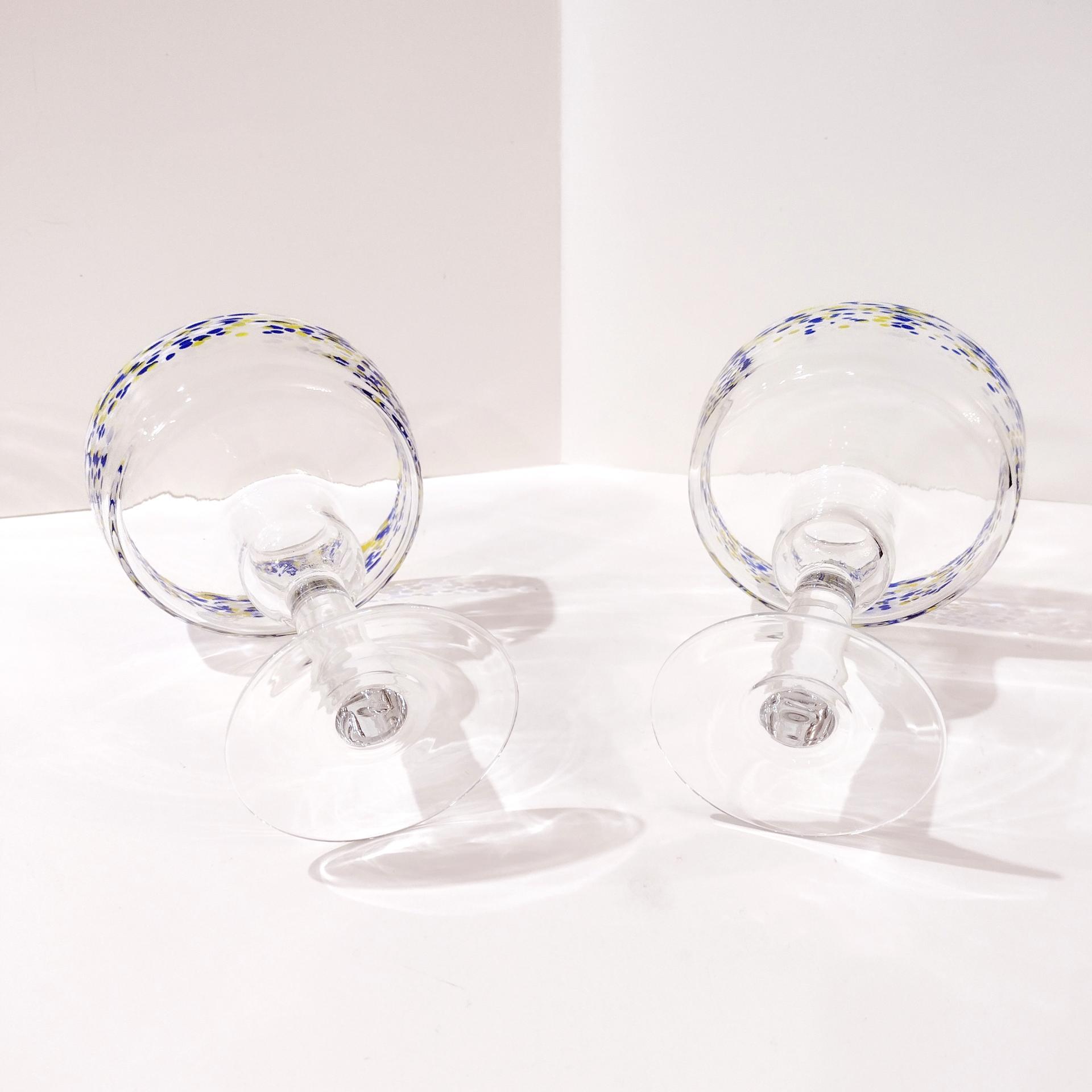 Vintage Hand Blown Confetti Margarita Glasses, Set of Two, Blue and Yellow Fiesta Cocktail Glasses