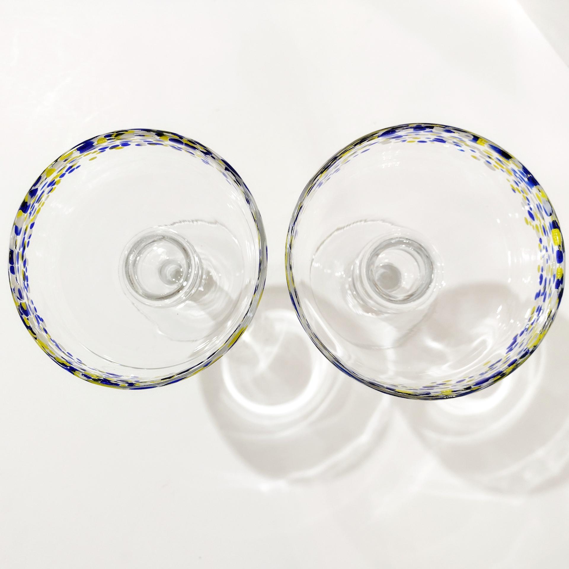 Vintage Hand Blown Confetti Margarita Glasses, Set of Two, Blue and Yellow Fiesta Cocktail Glasses