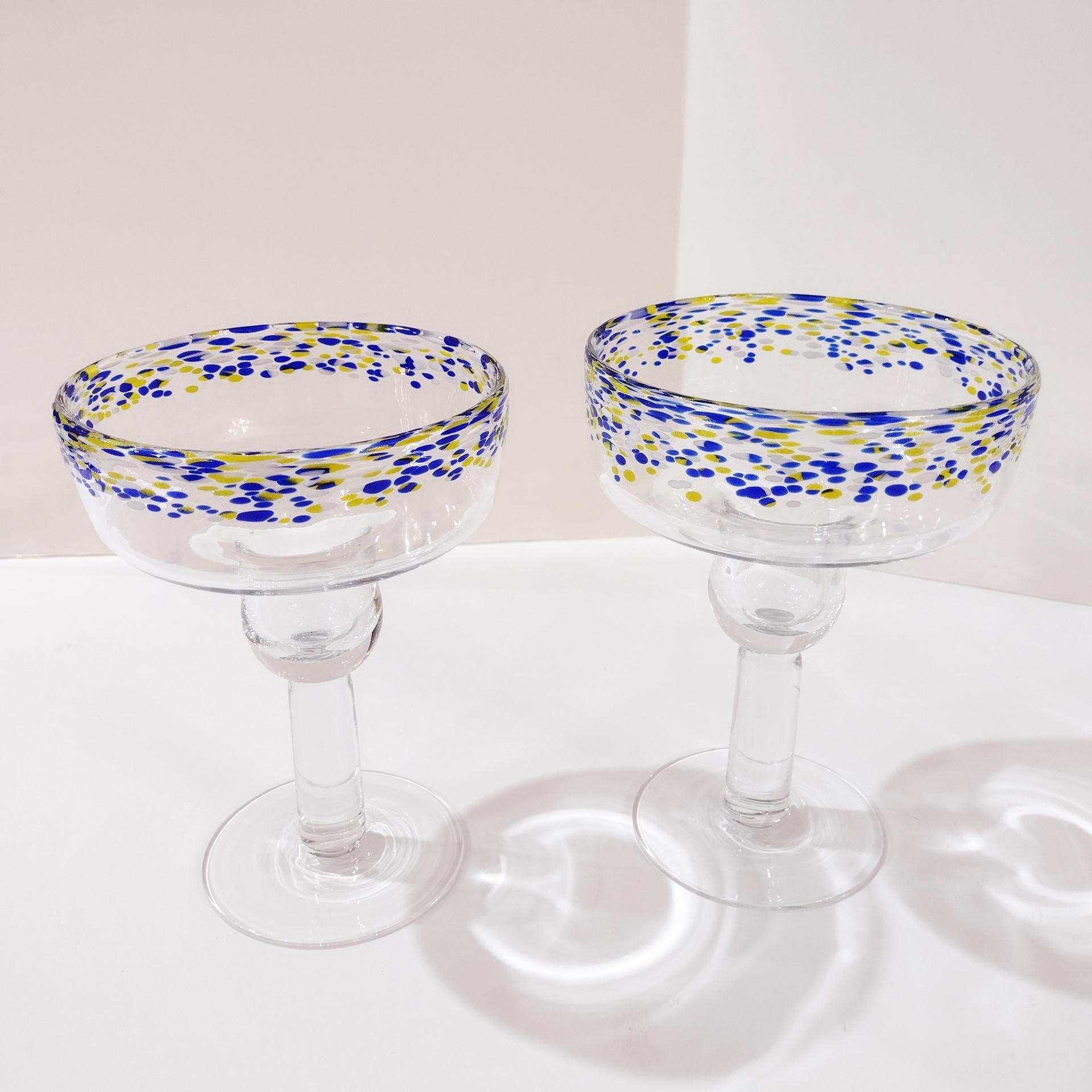 Vintage Hand Blown Confetti Margarita Glasses, Set of Two, Blue and Yellow Fiesta Cocktail Glasses