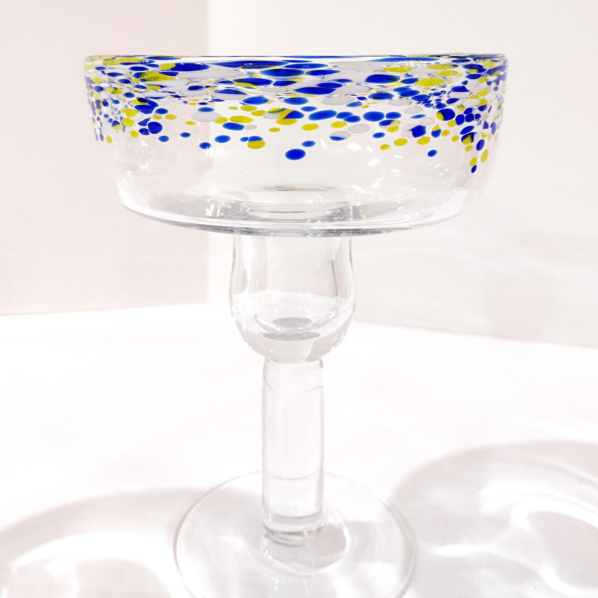 Vintage Hand Blown Confetti Margarita Glasses, Set of Two, Blue and Yellow Fiesta Cocktail Glasses