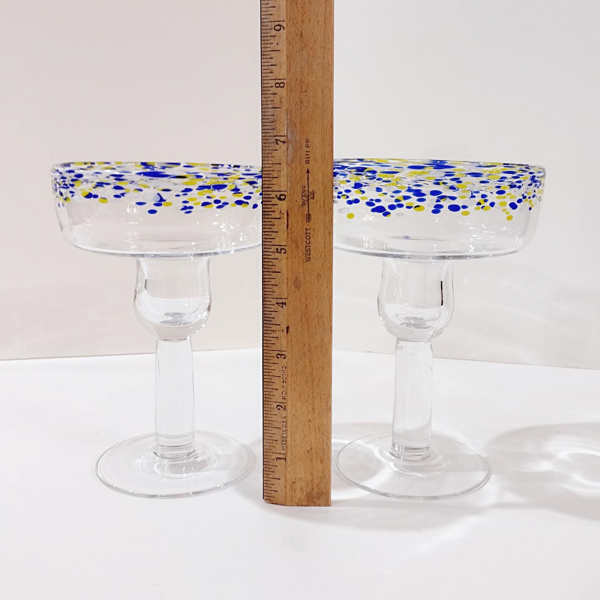 Vintage Hand Blown Confetti Margarita Glasses, Set of Two, Blue and Yellow Fiesta Cocktail Glasses