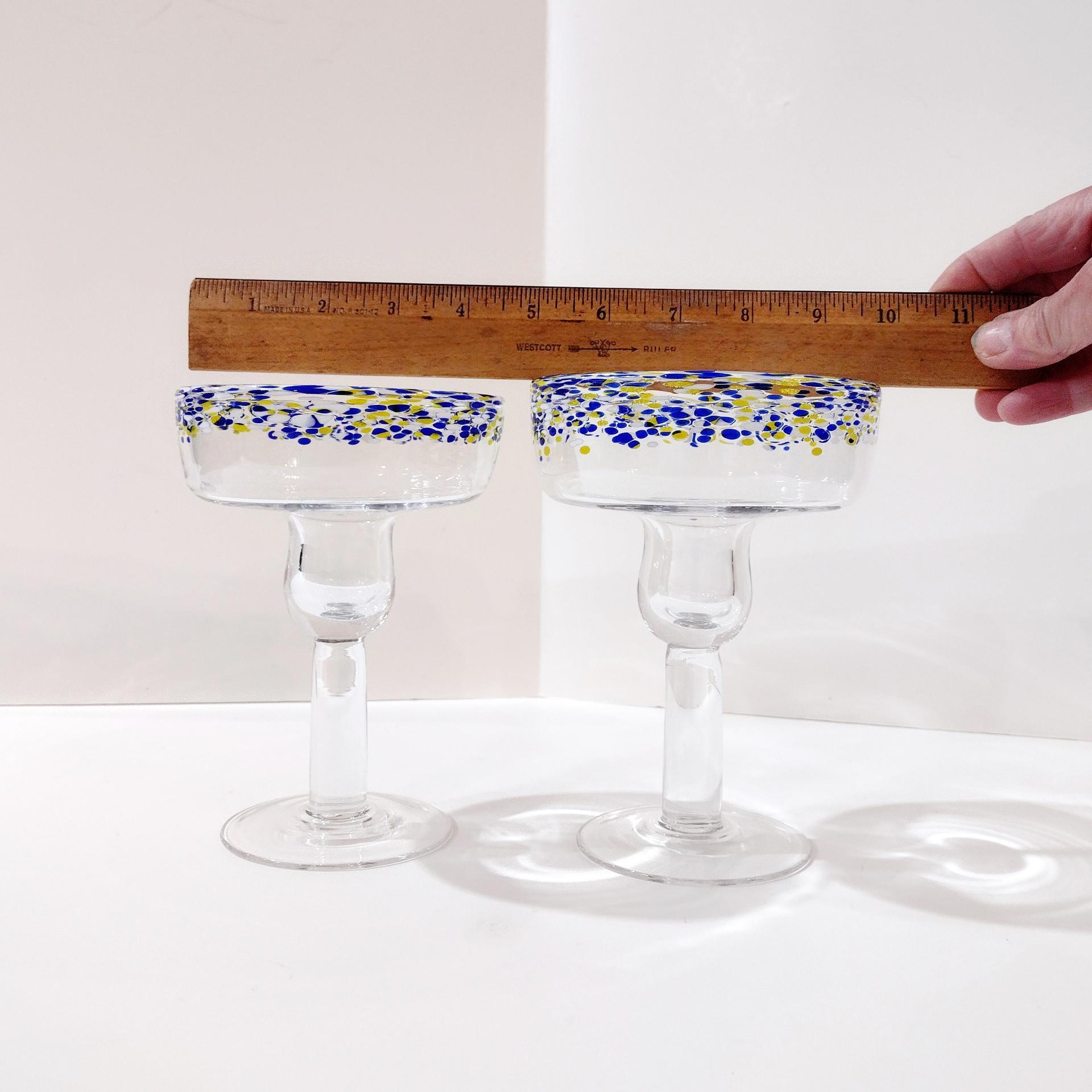 Vintage Hand Blown Confetti Margarita Glasses, Set of Two, Blue and Yellow Fiesta Cocktail Glasses