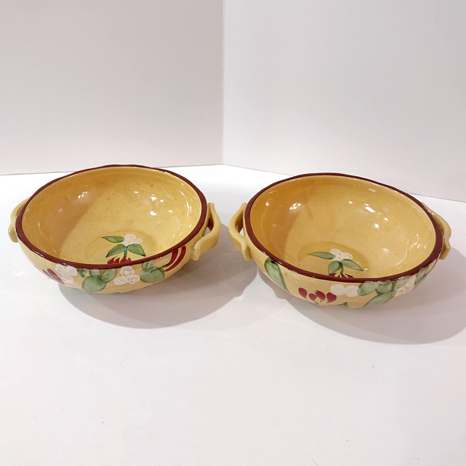 Vintage Artland Margaux Collection Ceramic Coupe Soup Bowls, Set of Two, Tuscan Style Handled Bowls