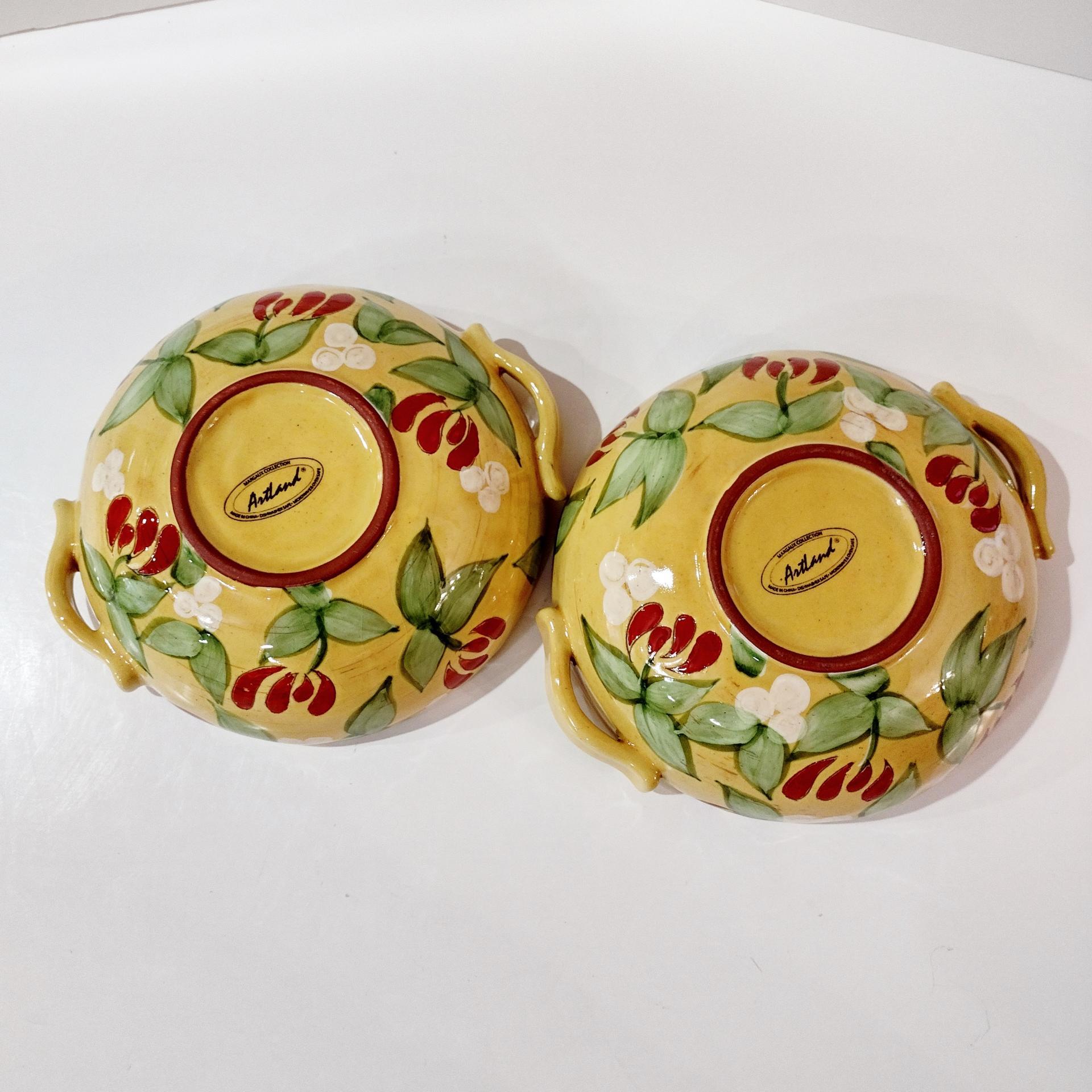 Vintage Artland Margaux Collection Ceramic Coupe Soup Bowls, Set of Two, Tuscan Style Handled Bowls