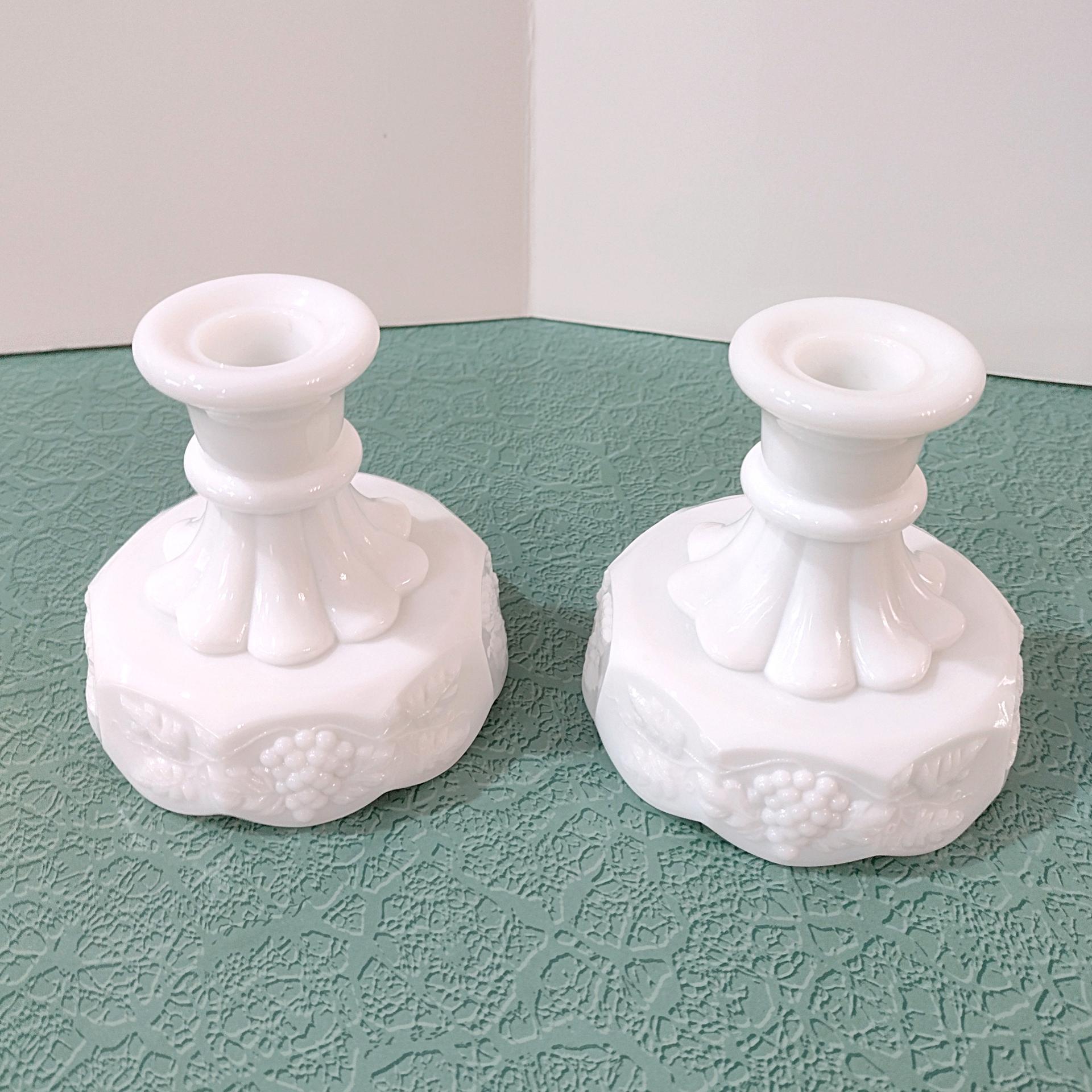Vintage Colony Harvest Milk Glass Candlestick Holders, Set of Two